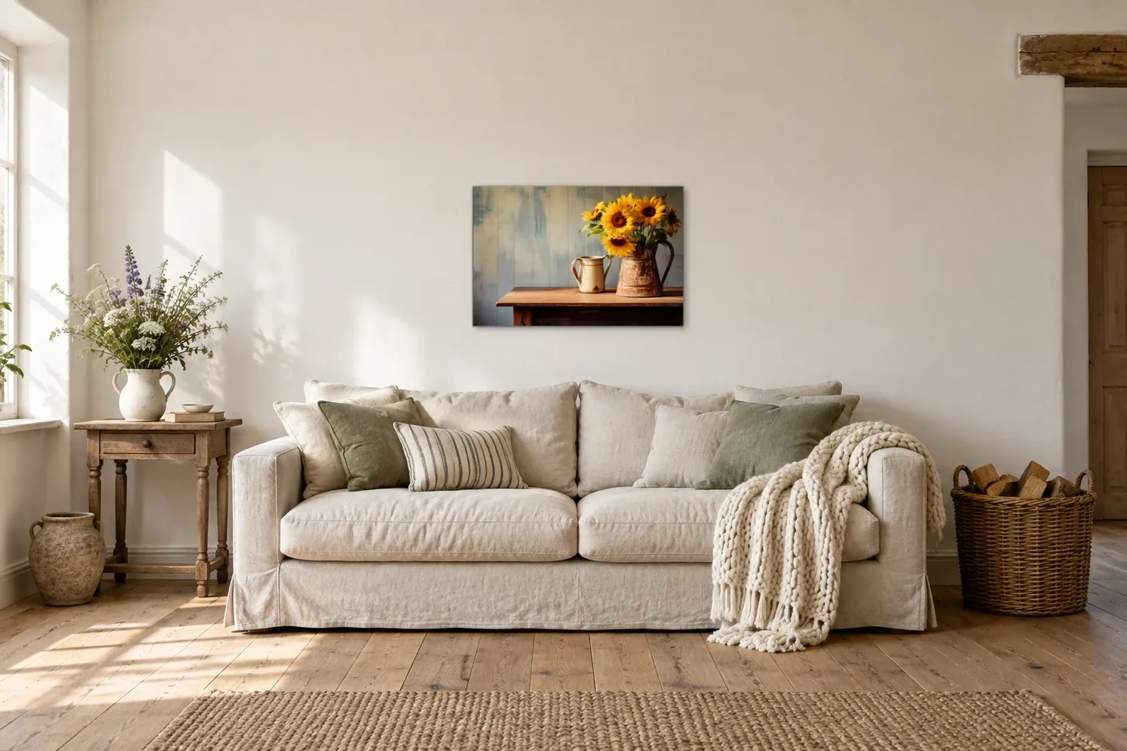 Sonnenblumen im Krug als Wandbild über einem 220-cm-Sofa
