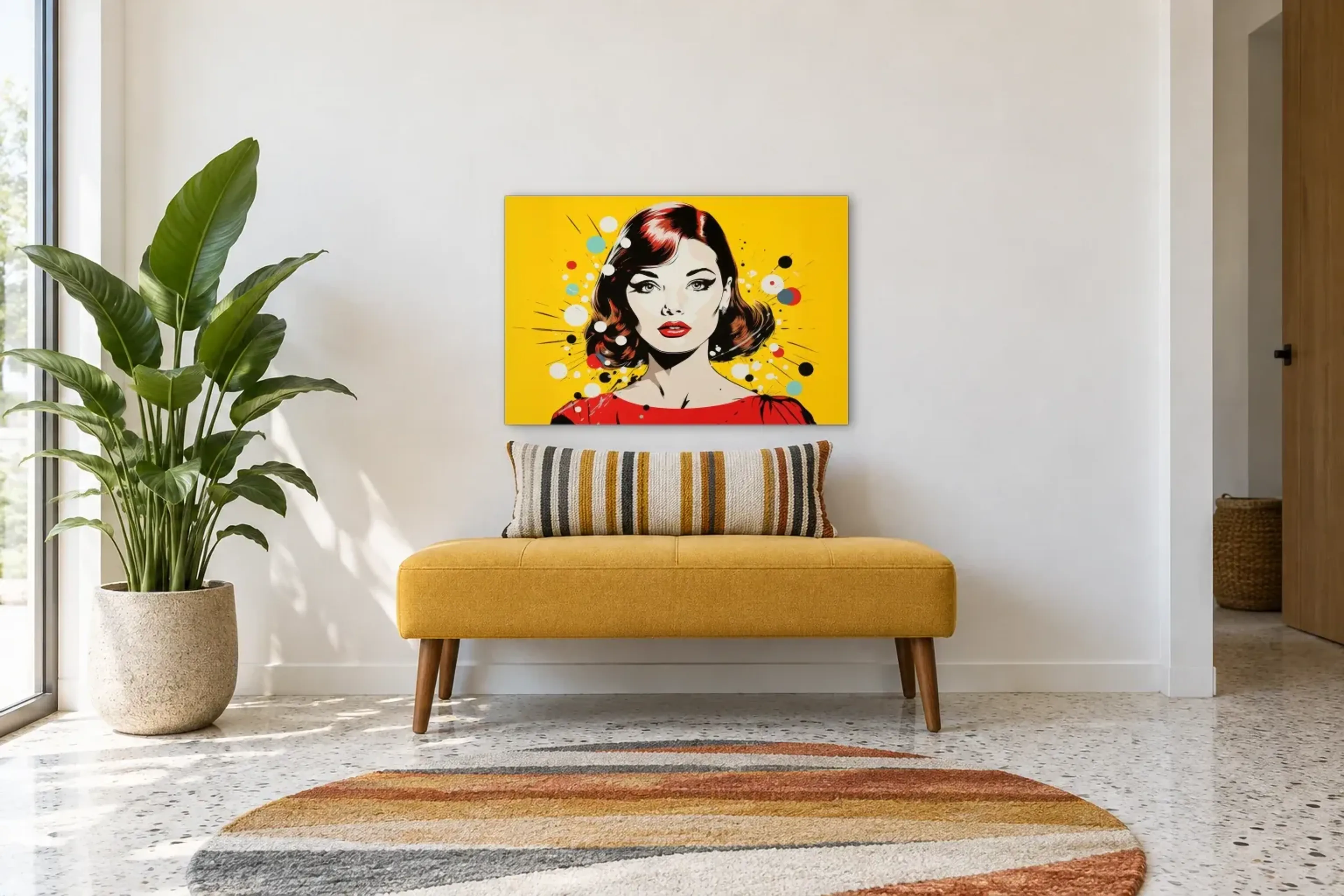 Pop-Art Frau in Gelb als Wandbild über einer 120-cm-Bank