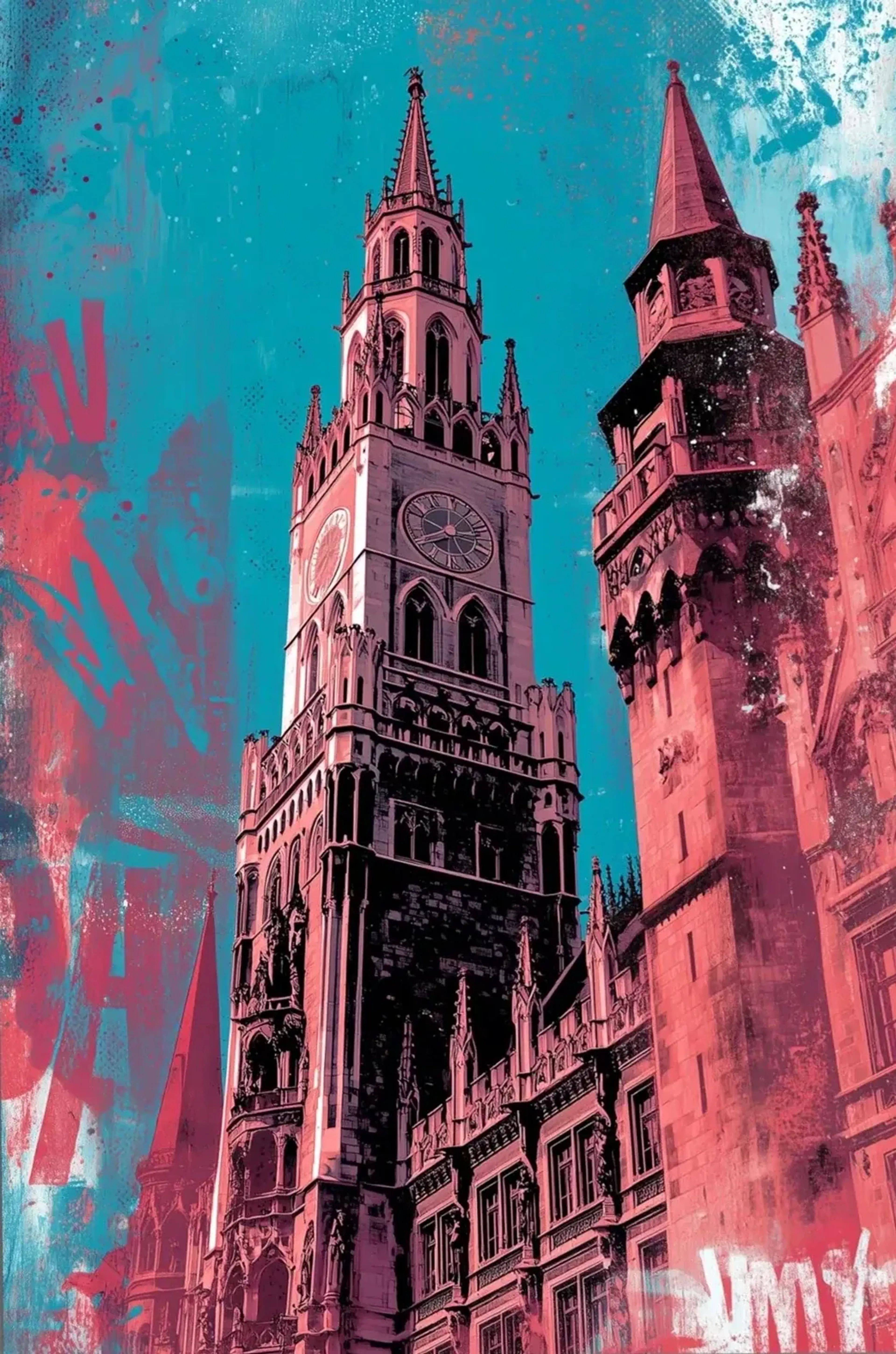 Münchner Rathausturm mit großer Uhr aus steiler Perspektive in Korallrosa und Schwarz vor türkisfarbenem Himmel.