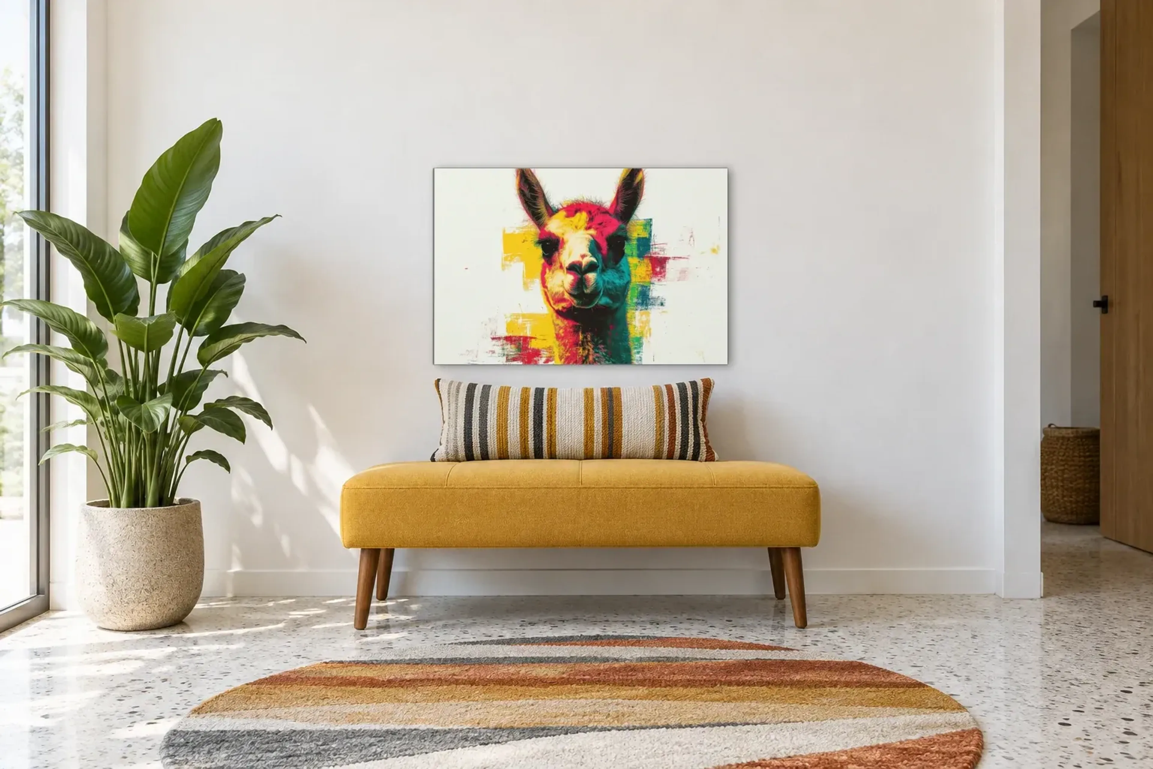 Alpaka vor Farbflächen als Wandbild über einer 120-cm-Bank