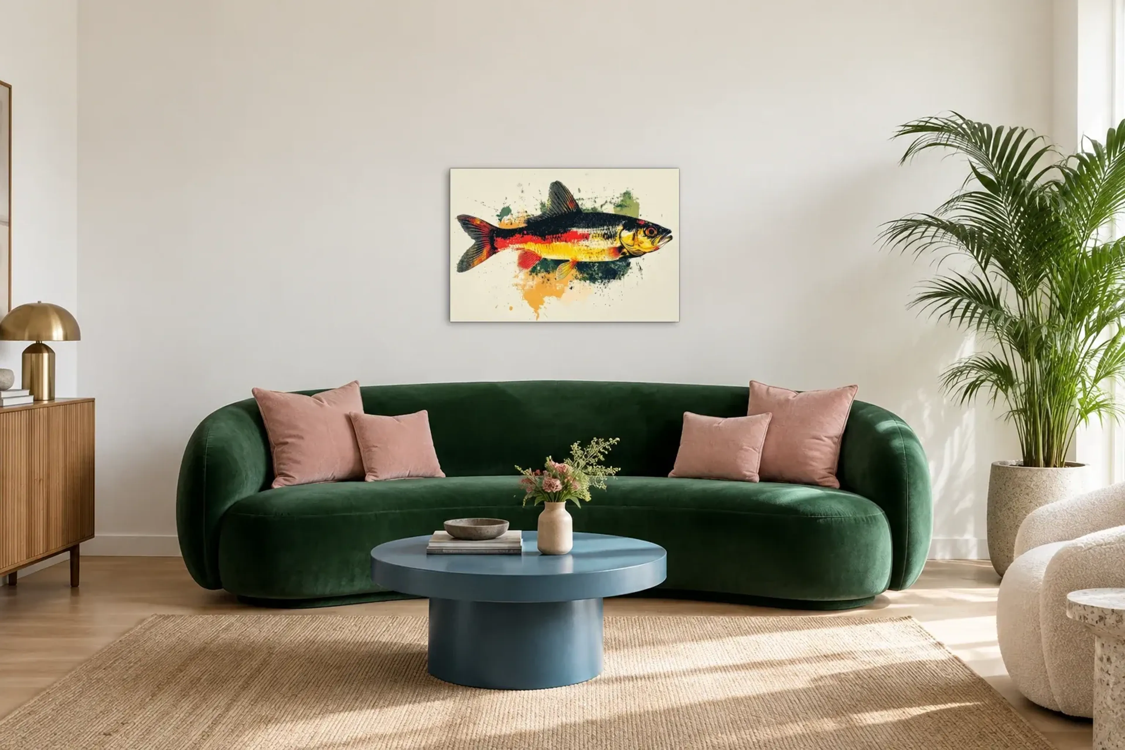Fisch in Rotgelb als Wandbild über einem 220-cm-Sofa