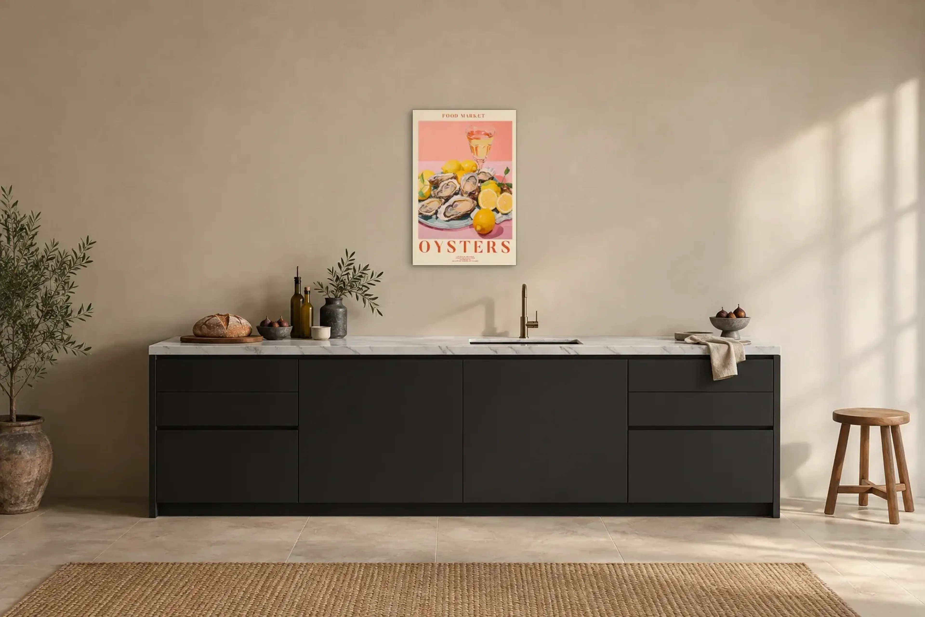 Austern und Zitronen als Wandbild über einer 200-cm-Arbeitsplatte