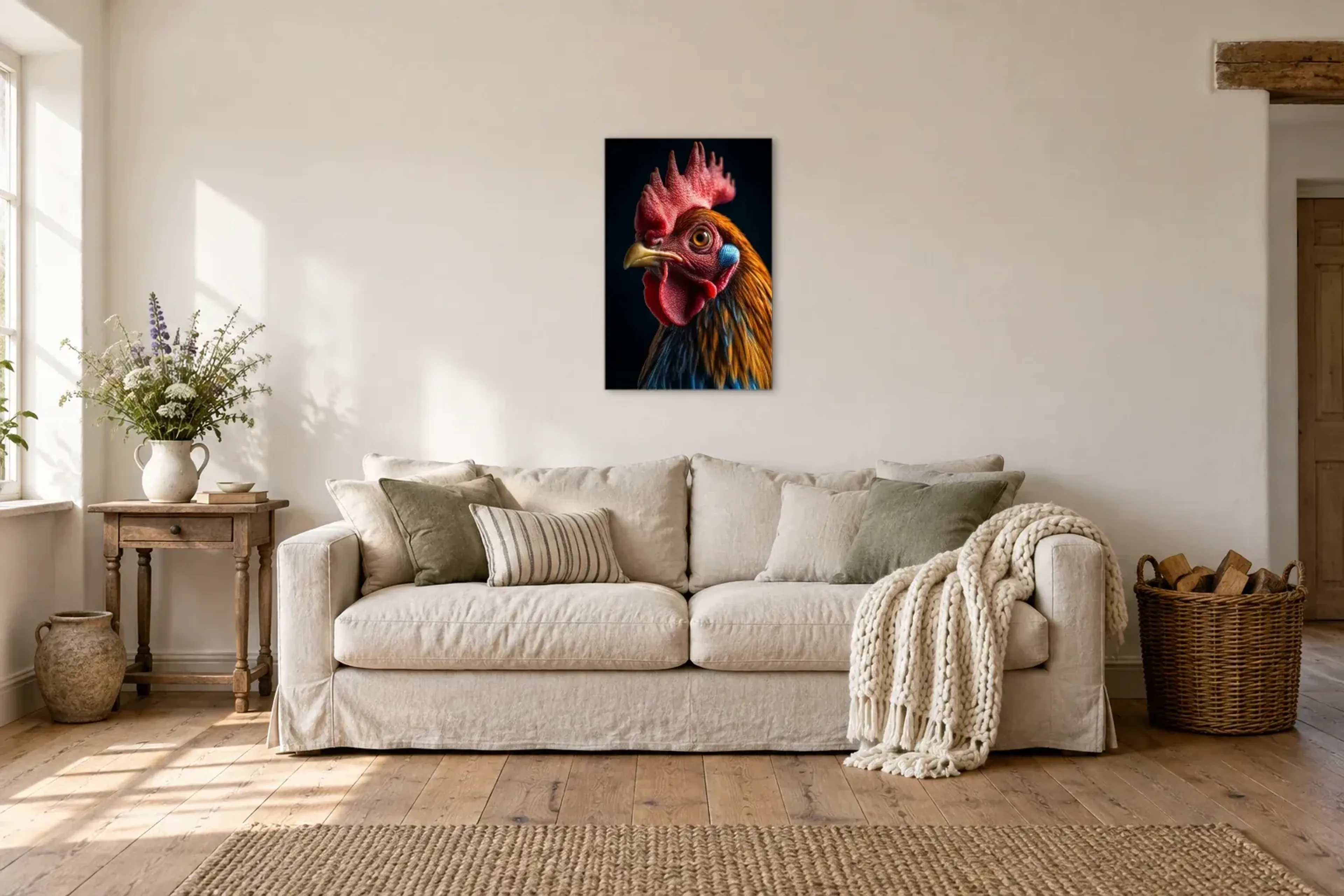Portrait stolzer Hahn als Wandbild über einem 220-cm-Sofa