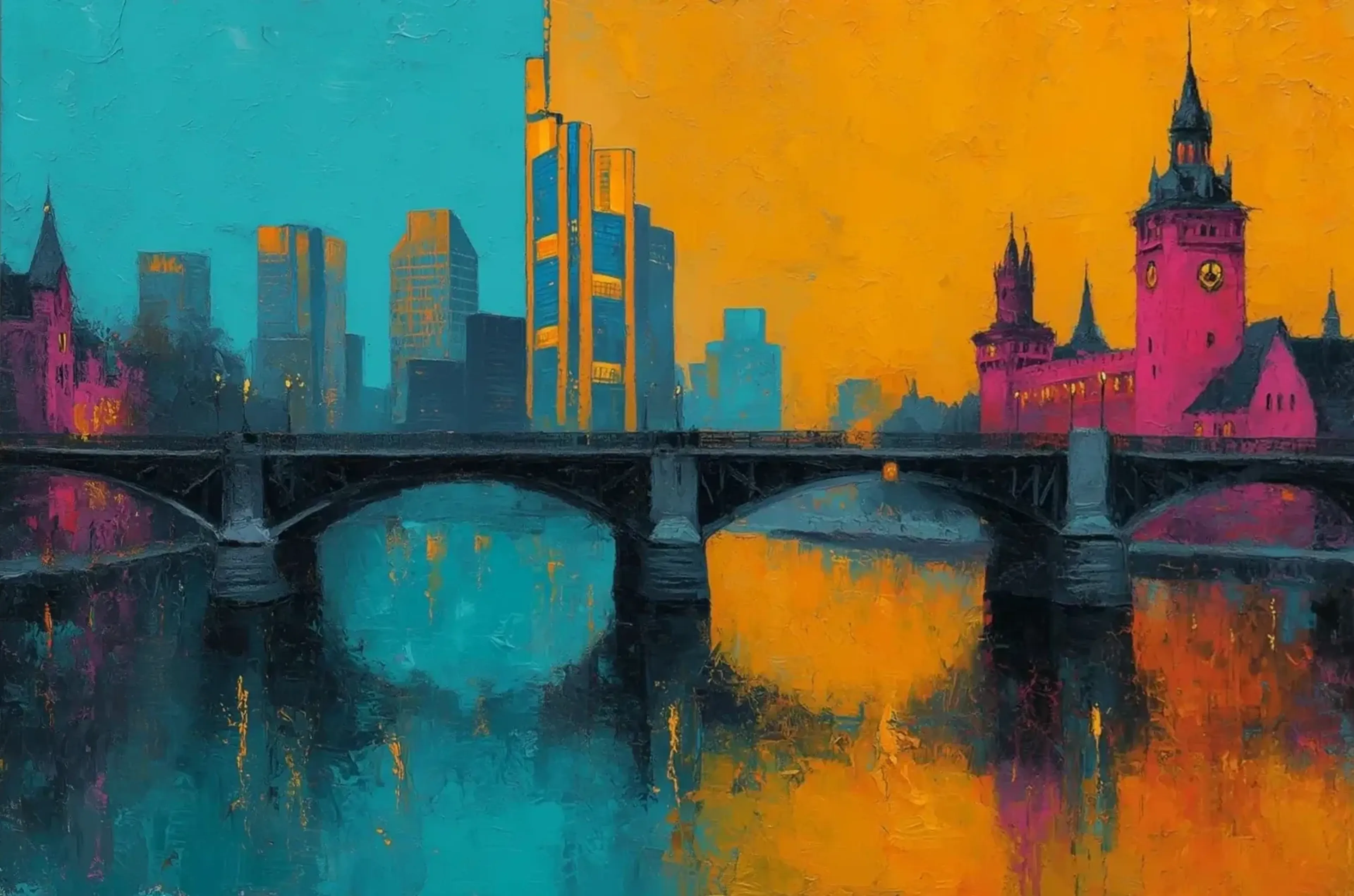 Dunkle Bogenbrücke vor Frankfurts Skyline mit türkisem und orangefarbenem Himmel sowie pinken Gebäuden.