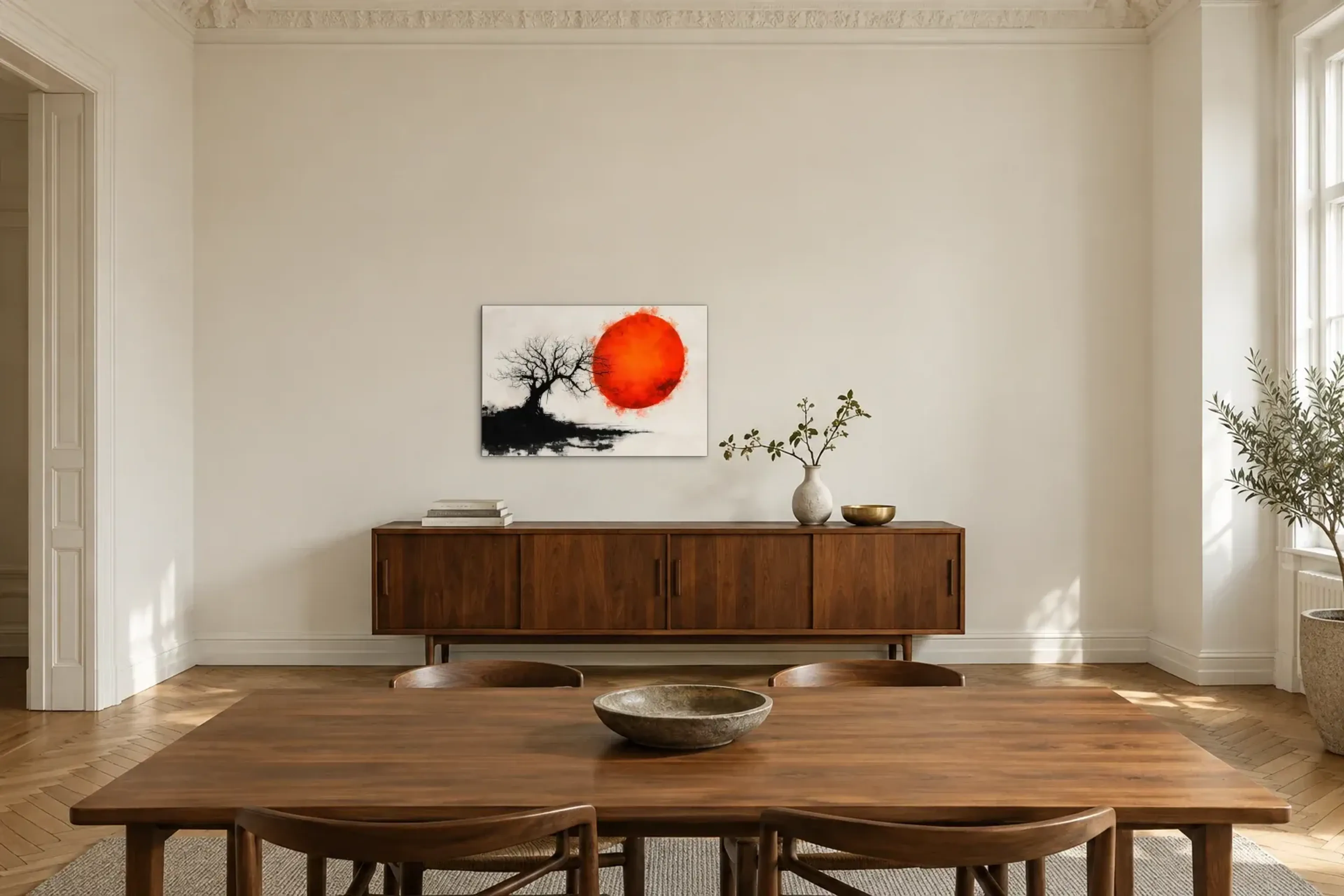 Baum vor roter Sonne als Wandbild über einem 200-cm-Sideboard