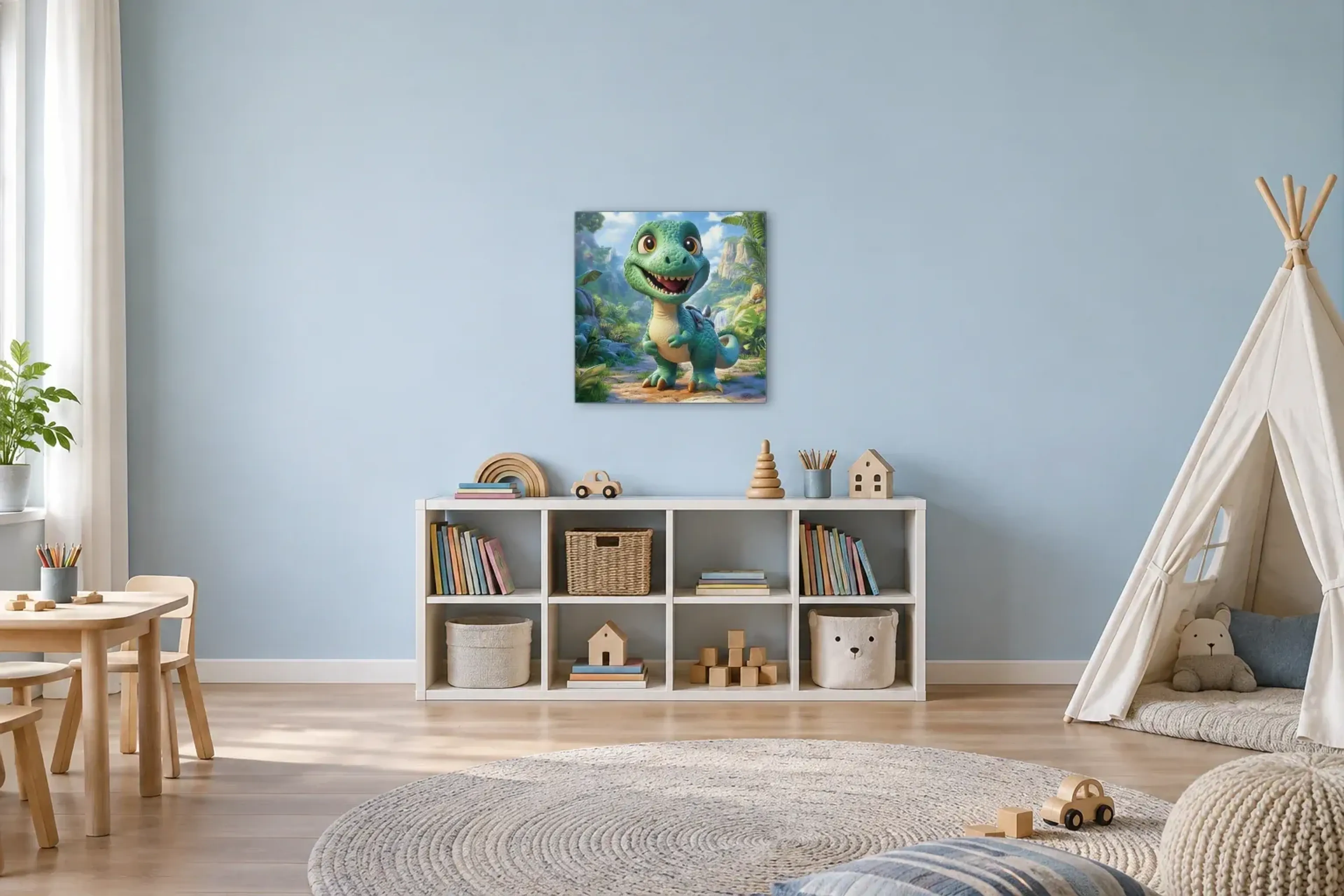 Grüner Dino am Wasserfall als Wandbild über einem 120-cm-Spielregal