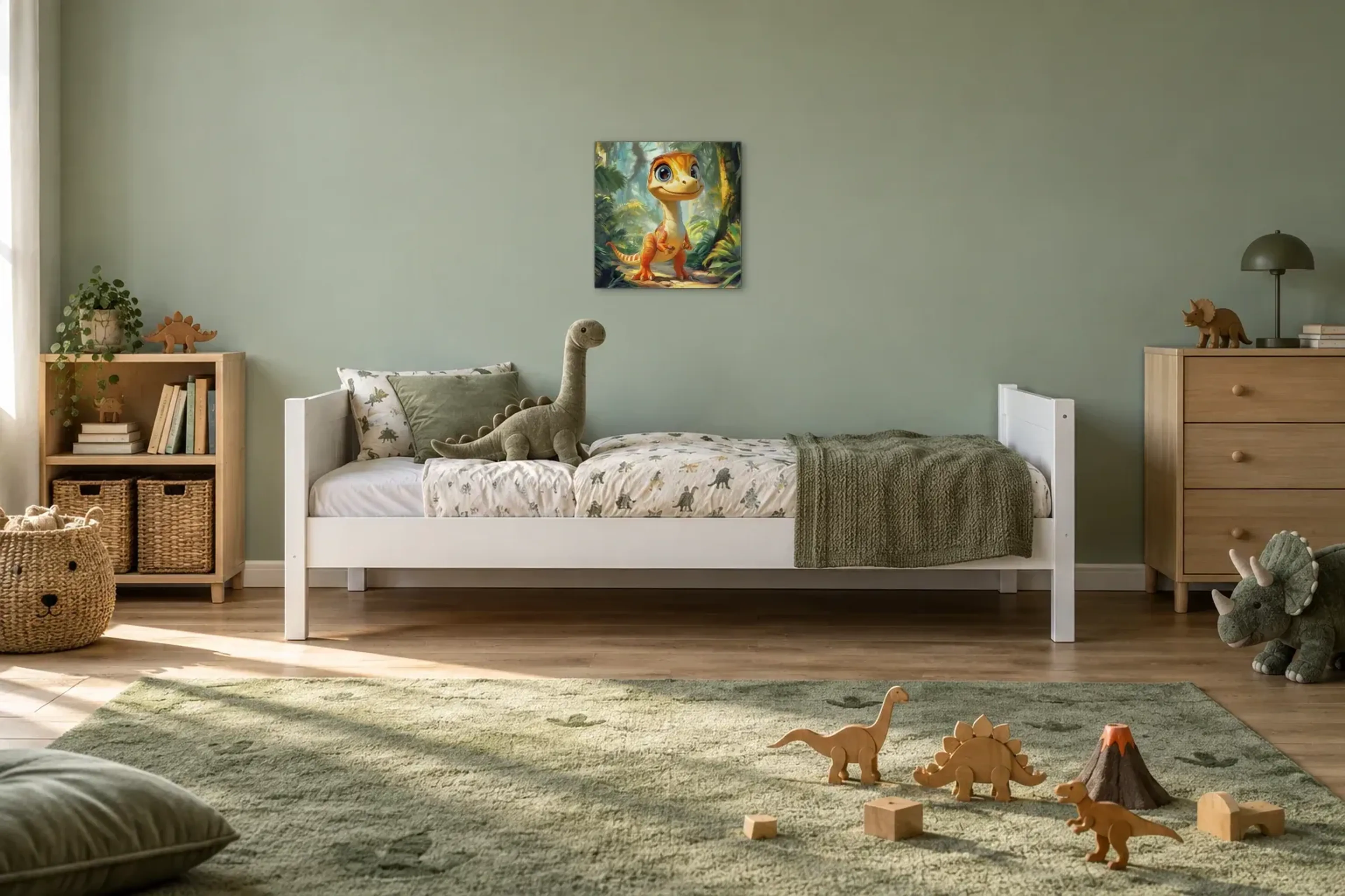 Oranger Dino im Dschungel als Wandbild über einem 200-cm-Kinderbett