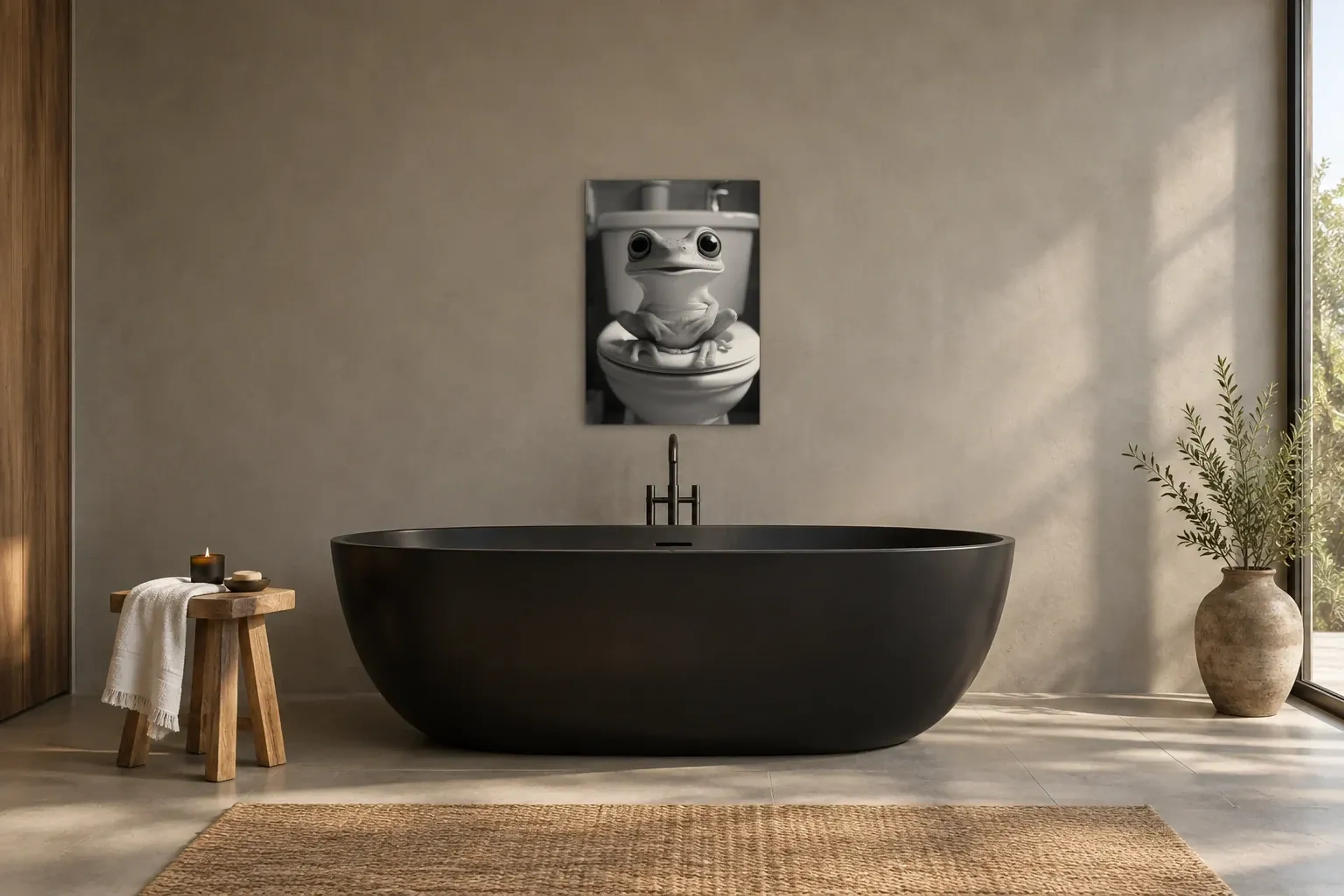 Frosch auf Toilette als Wandbild über einer 170-cm-Badewanne