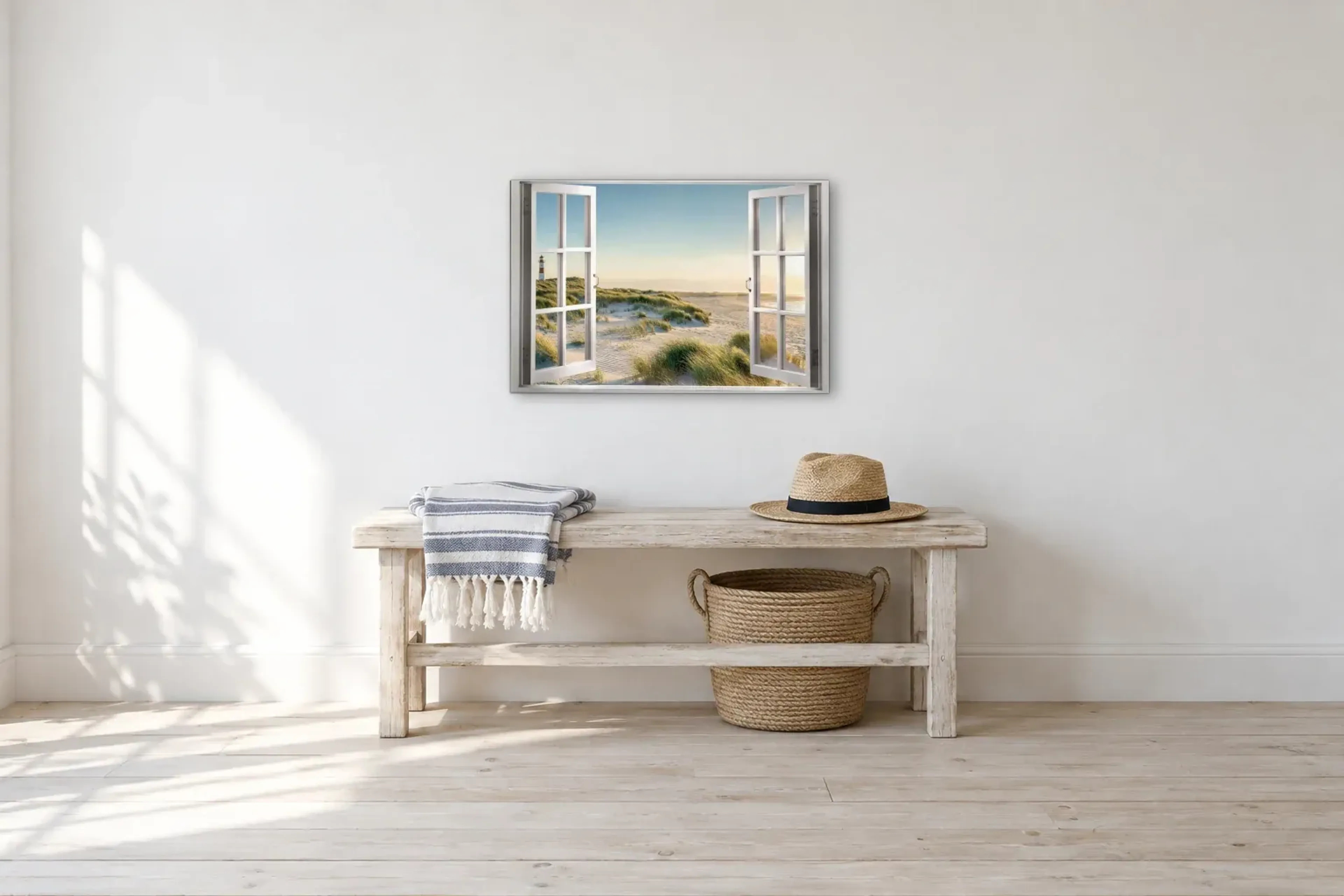 Dünen im Küstenlicht als Wandbild über einer 100-cm-Bank