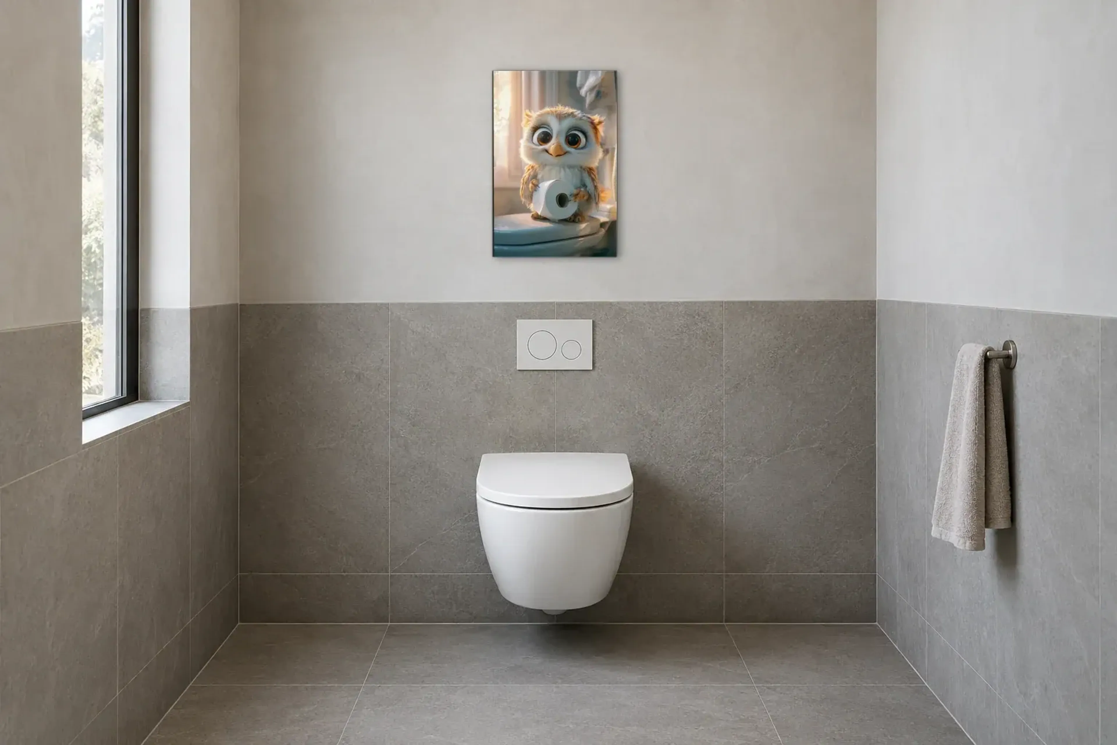 Eule im Morgenlicht als Wandbild im Gäste-WC