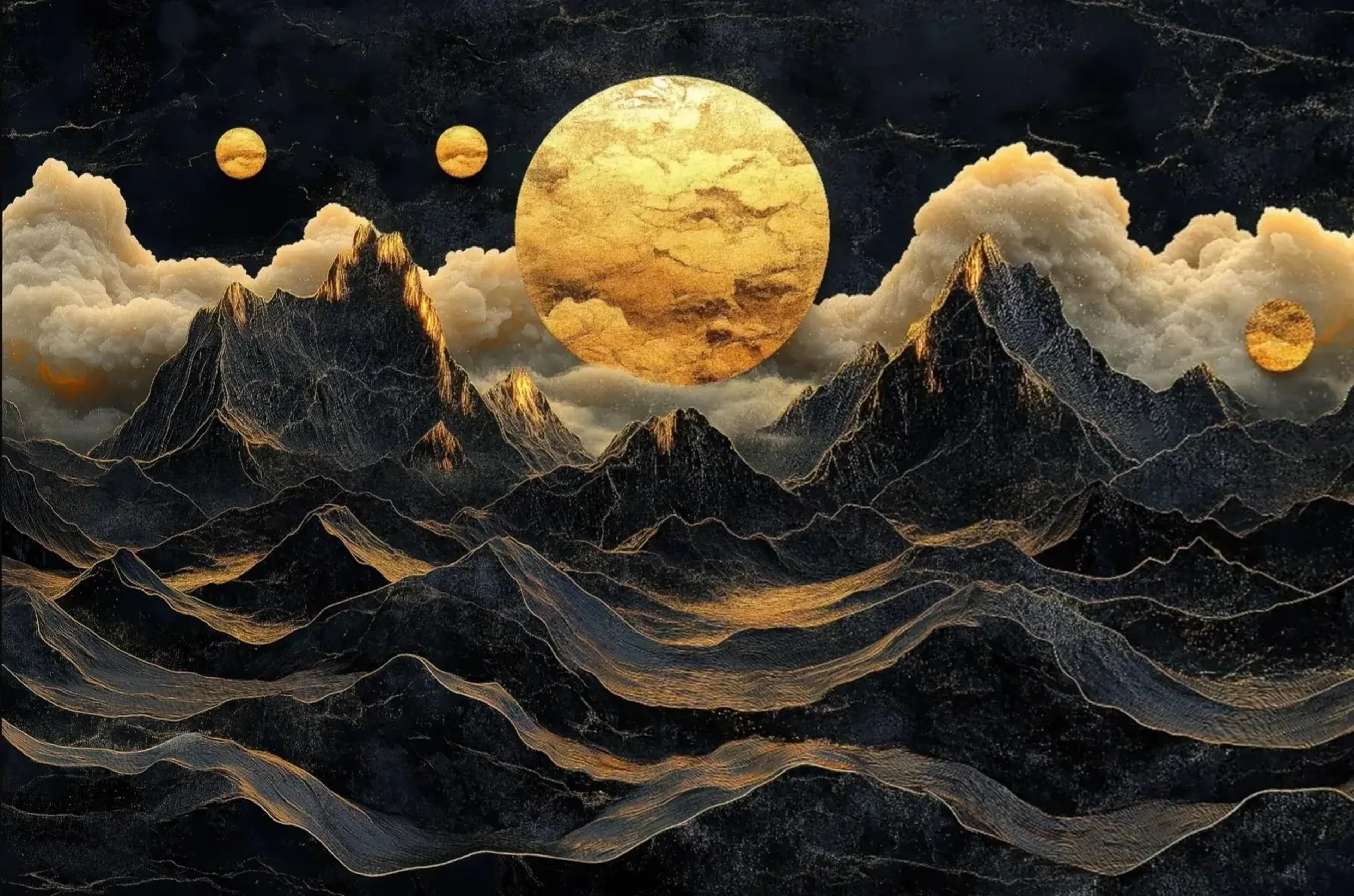 Berge im goldenen Mondlicht – Motiv als Wandbild auf Holz