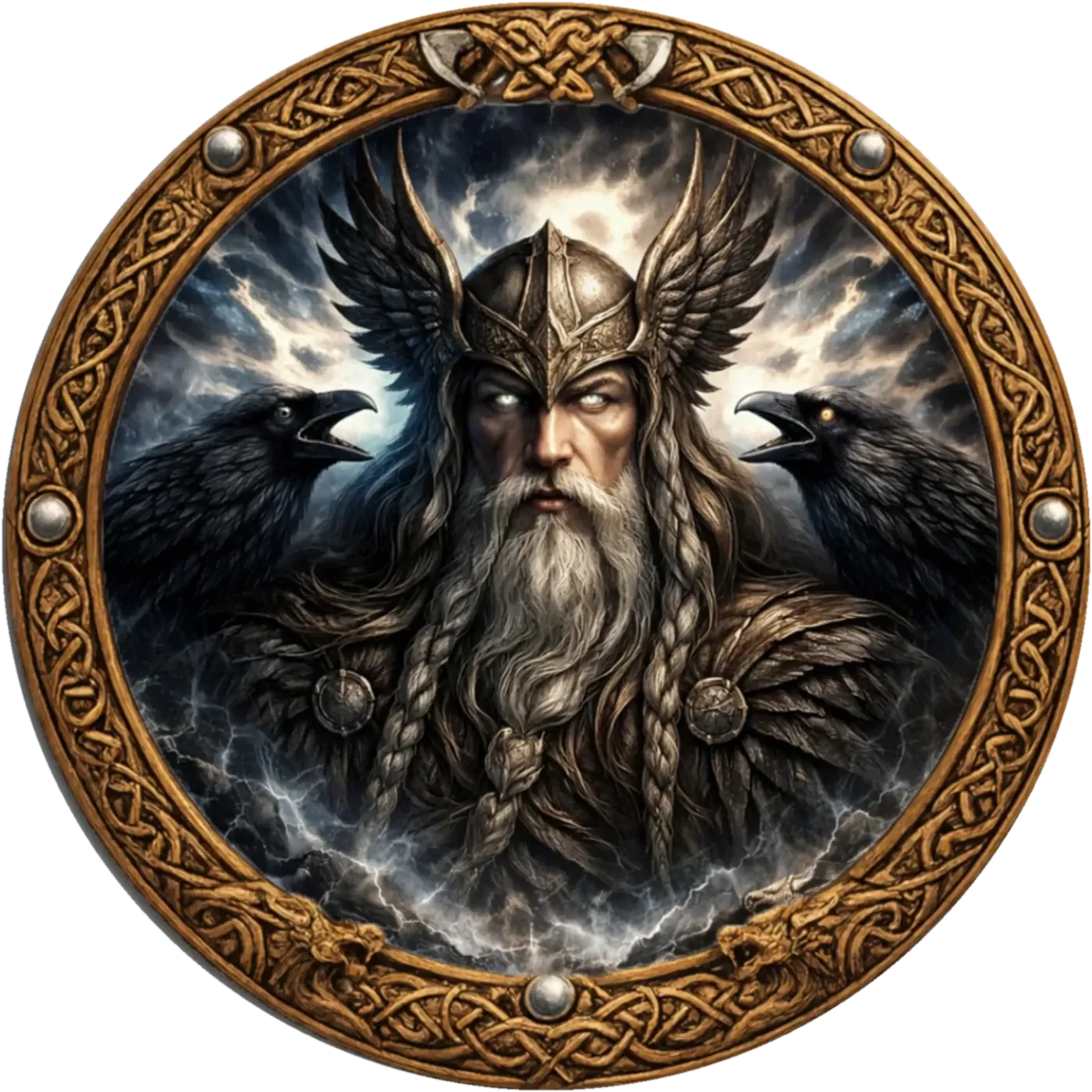 Odin mit grauem Bart und geflügeltem Helm zwischen zwei schwarzen Raben vor Gewitterwolken.
