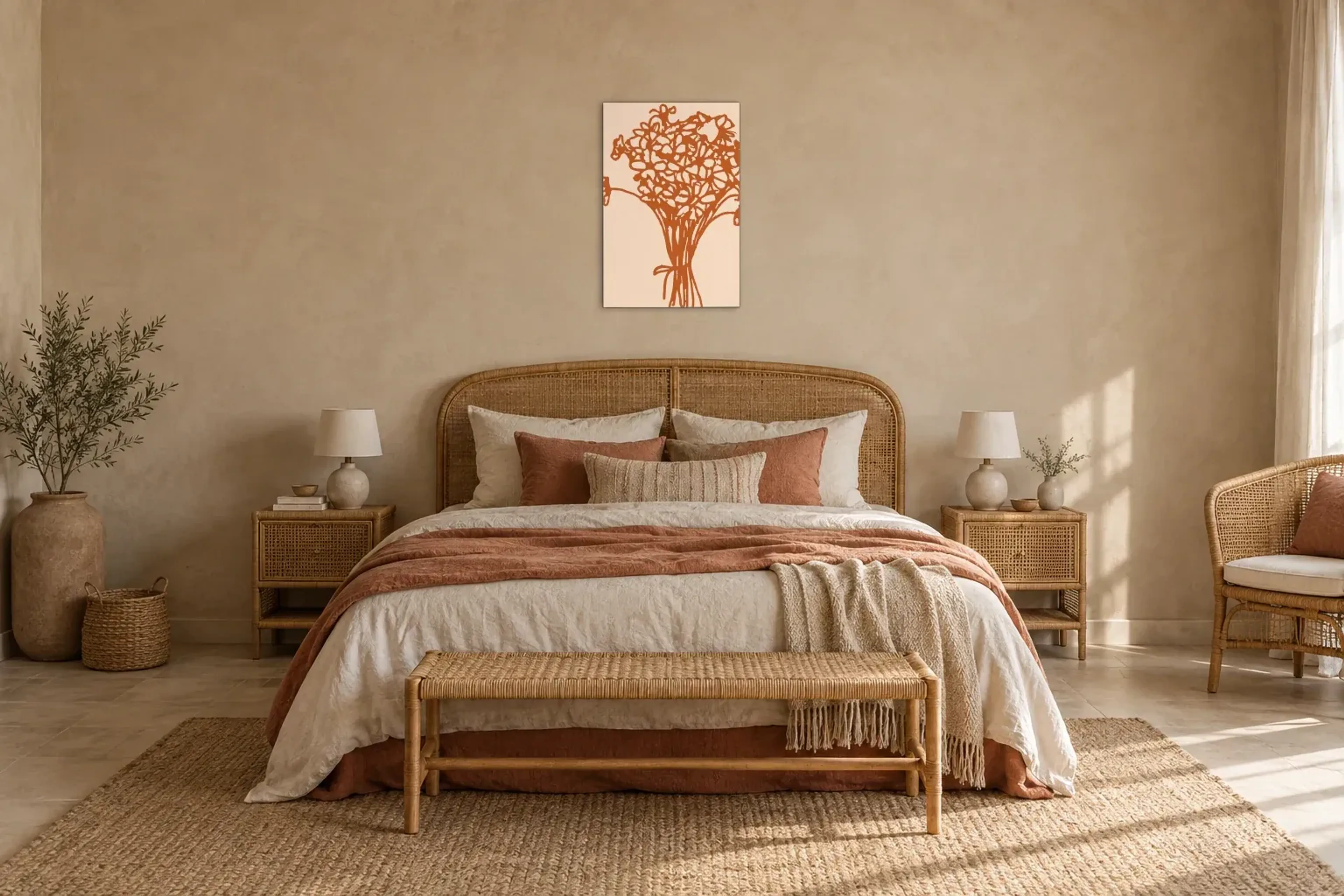 Blumenstrauß in Rostorange als Wandbild über einem 180-cm-Bett