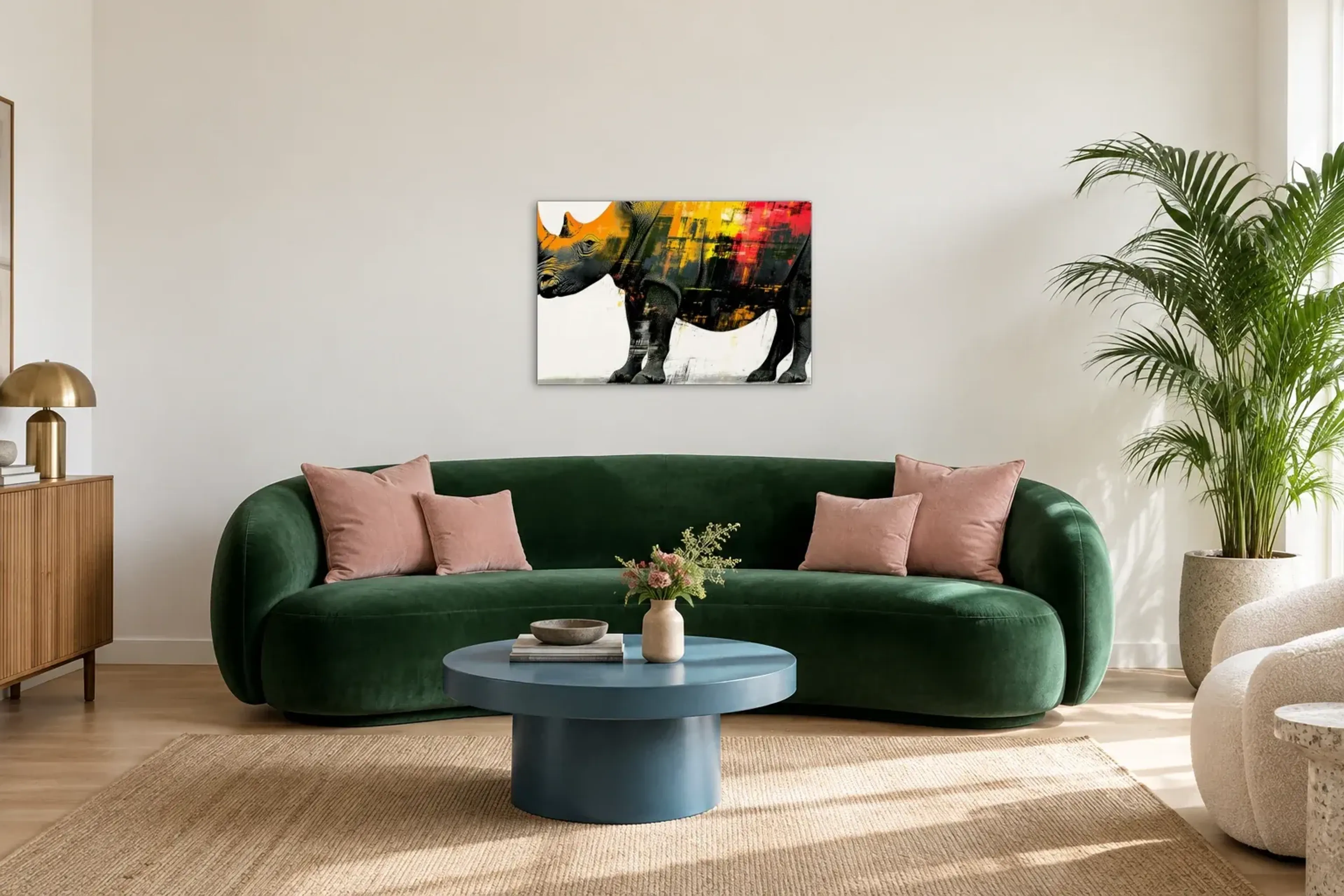 Nashorn in Nahansicht als Wandbild über einem 220-cm-Sofa