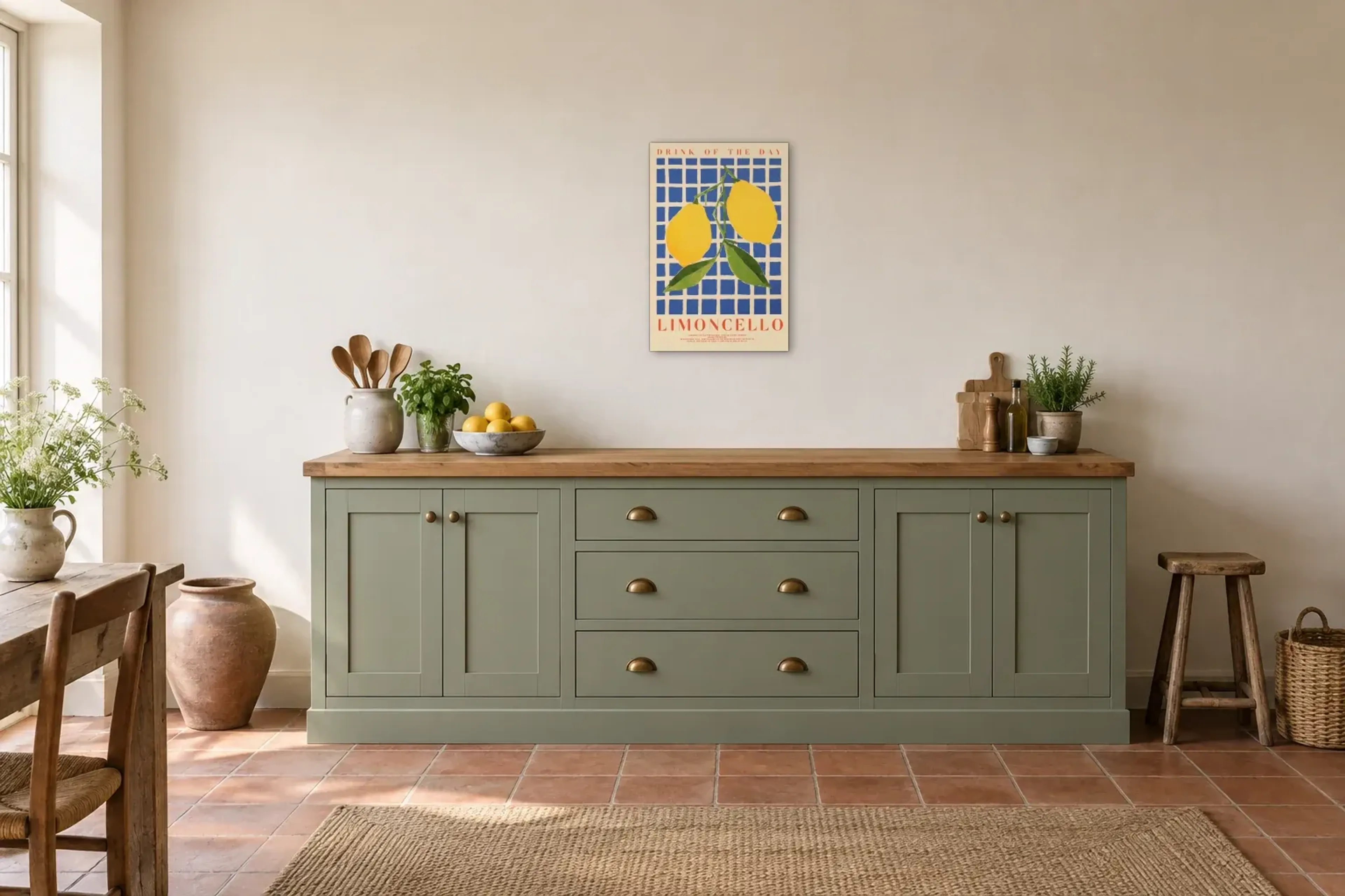 Limoncello als Wandbild über einer 200-cm-Arbeitsplatte