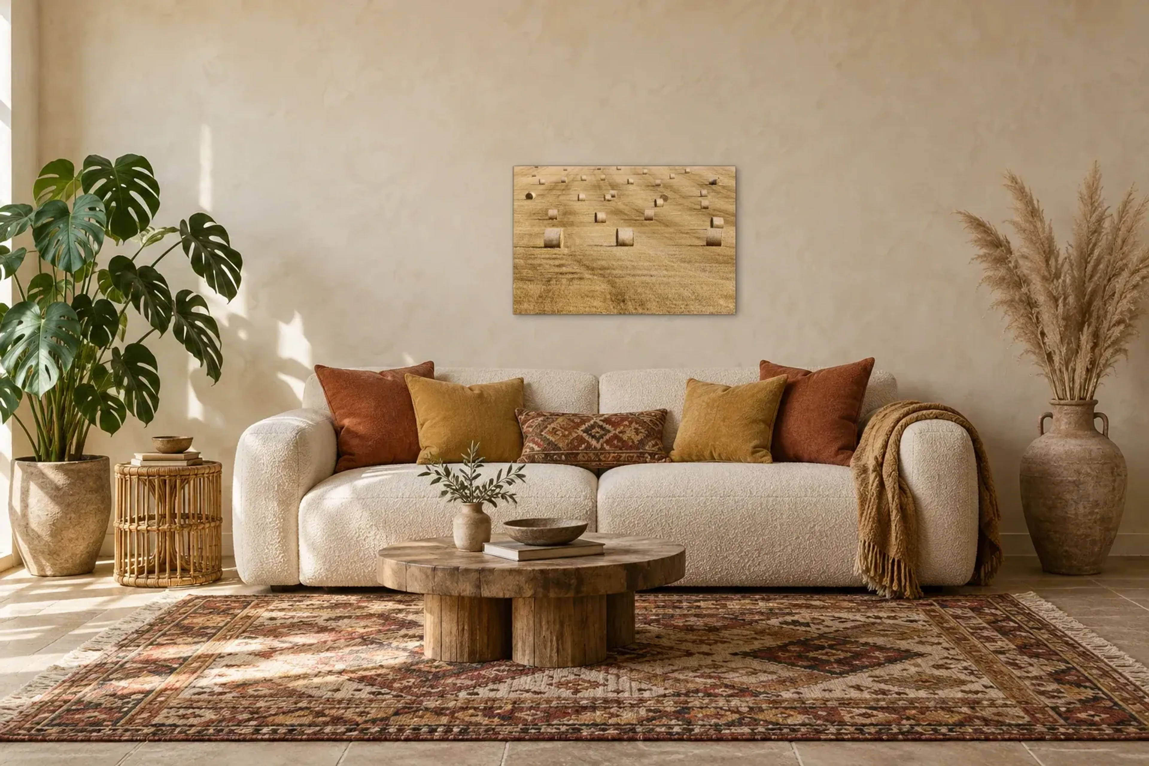 Strohballen auf dem Feld als Wandbild über einem 220-cm-Sofa