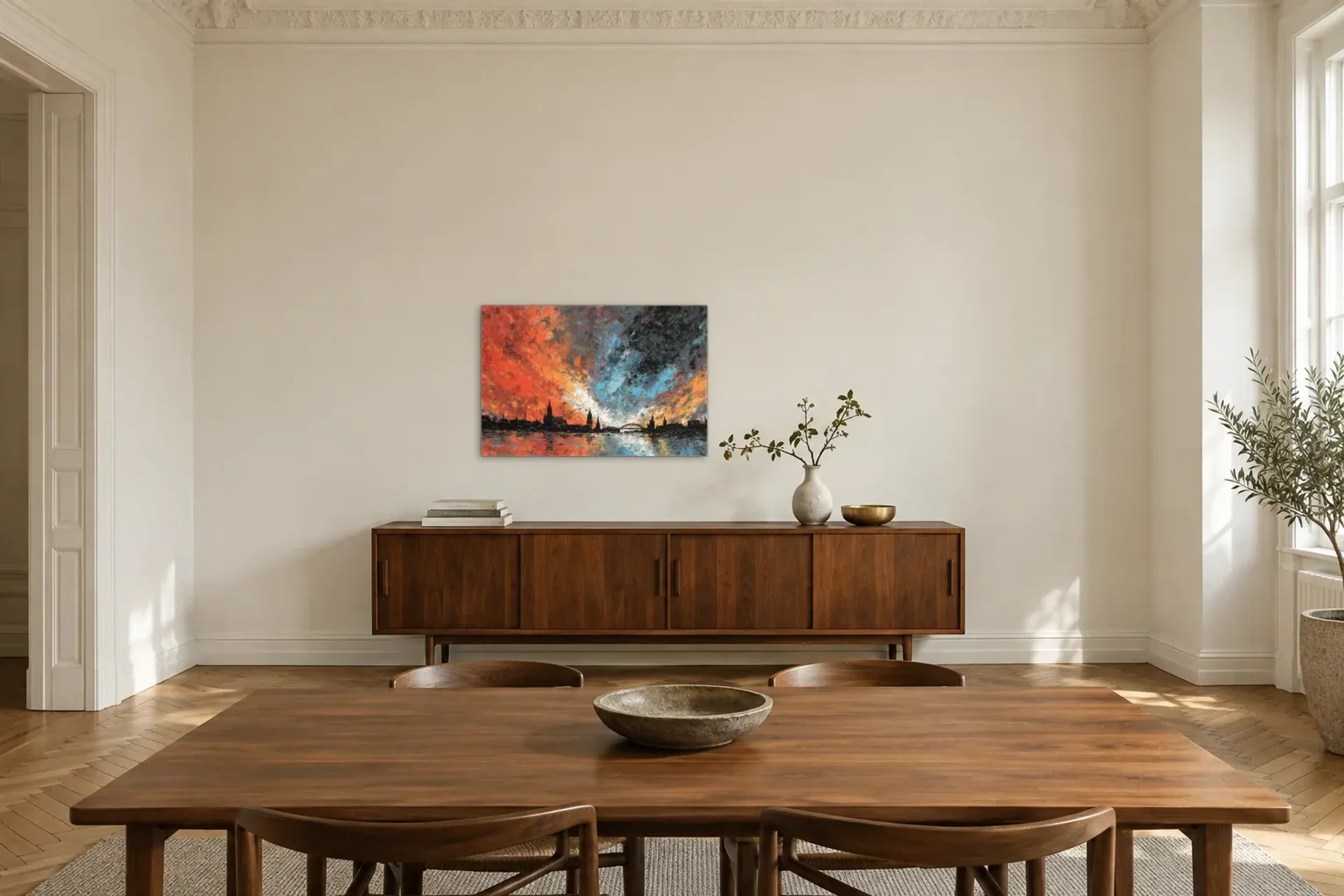 Köln unter flammendem Himmel als Wandbild über einem 200-cm-Sideboard