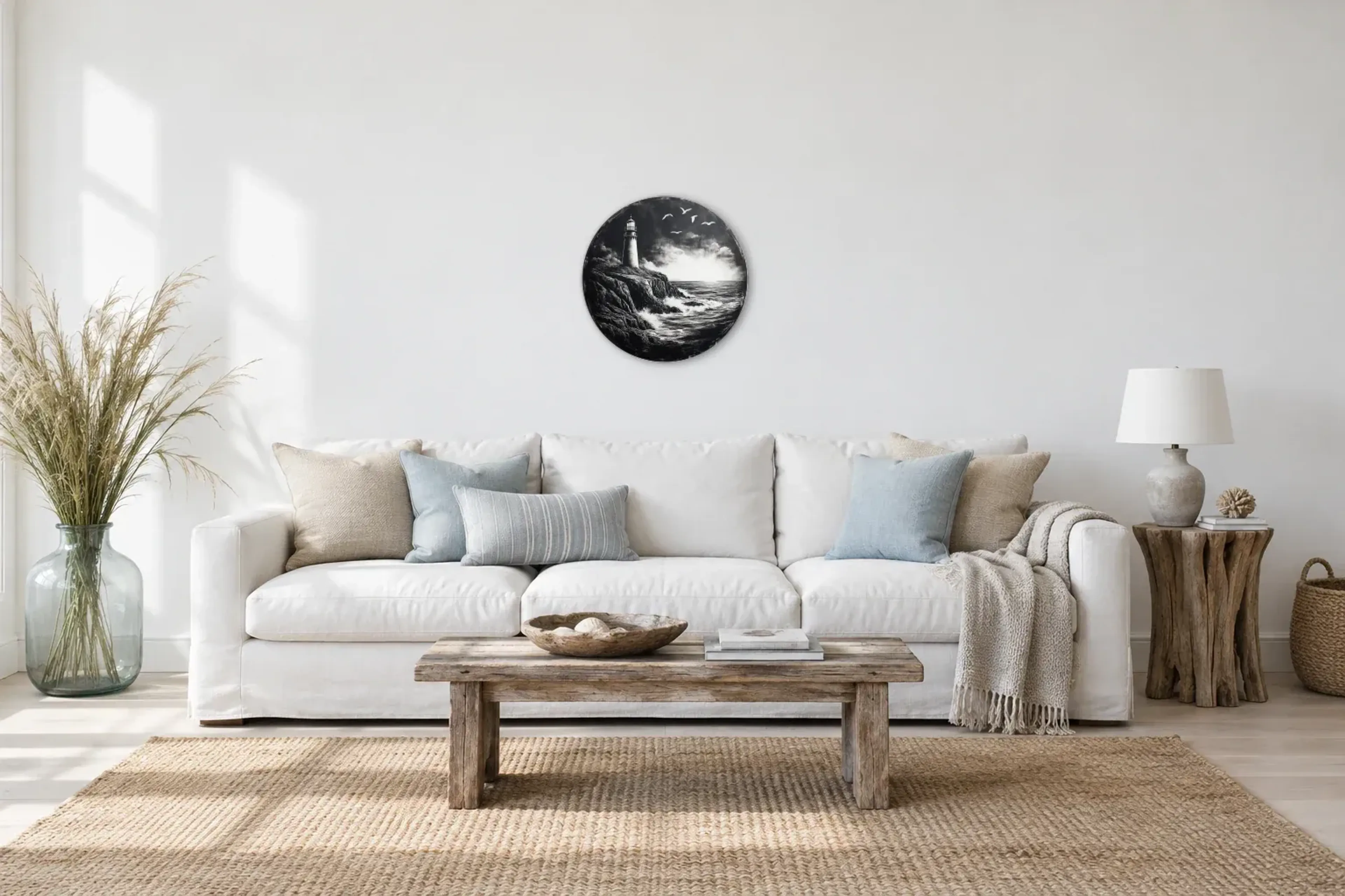 Leuchtturm als Wandbild über einem 220-cm-Sofa