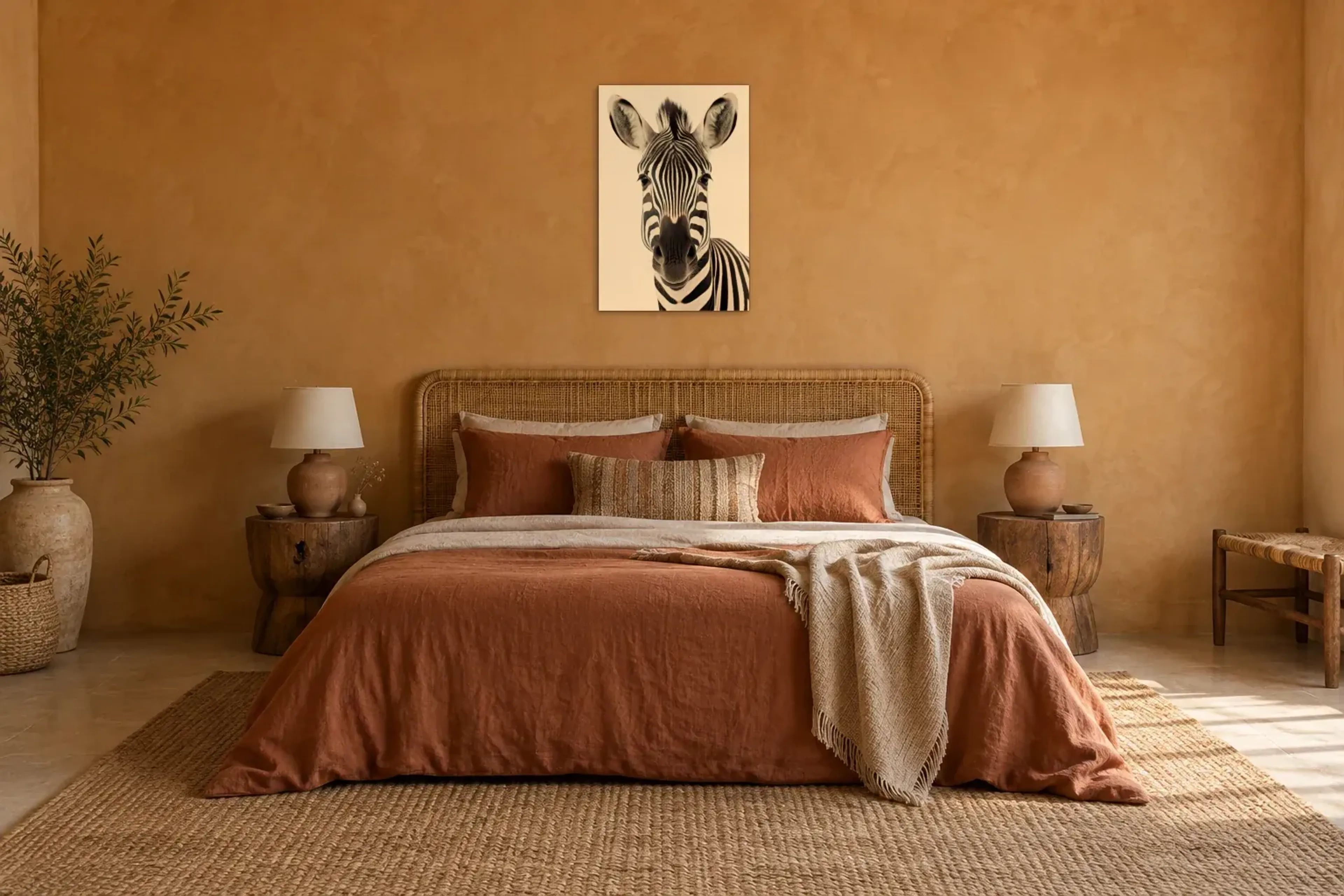 Zebra frontal als Wandbild über einem 180-cm-Bett