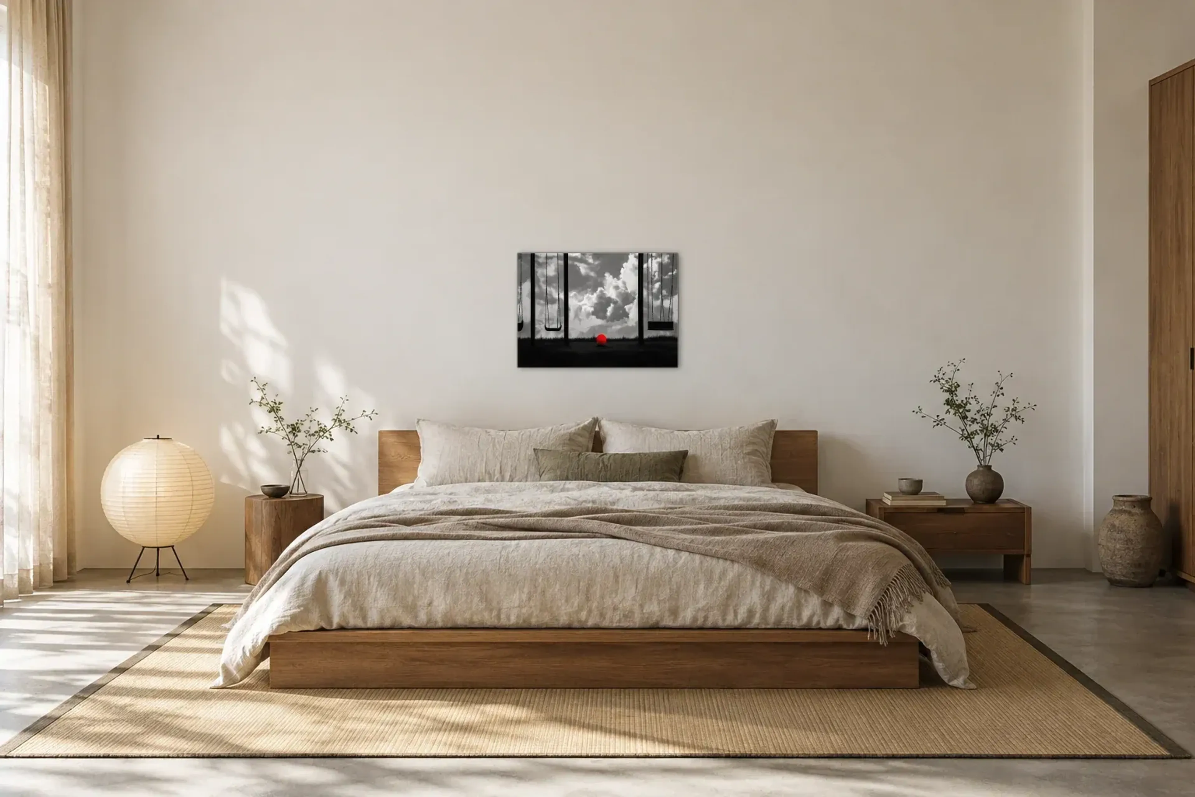 Roter Ball zwischen Schaukeln als Wandbild über einem 180-cm-Bett