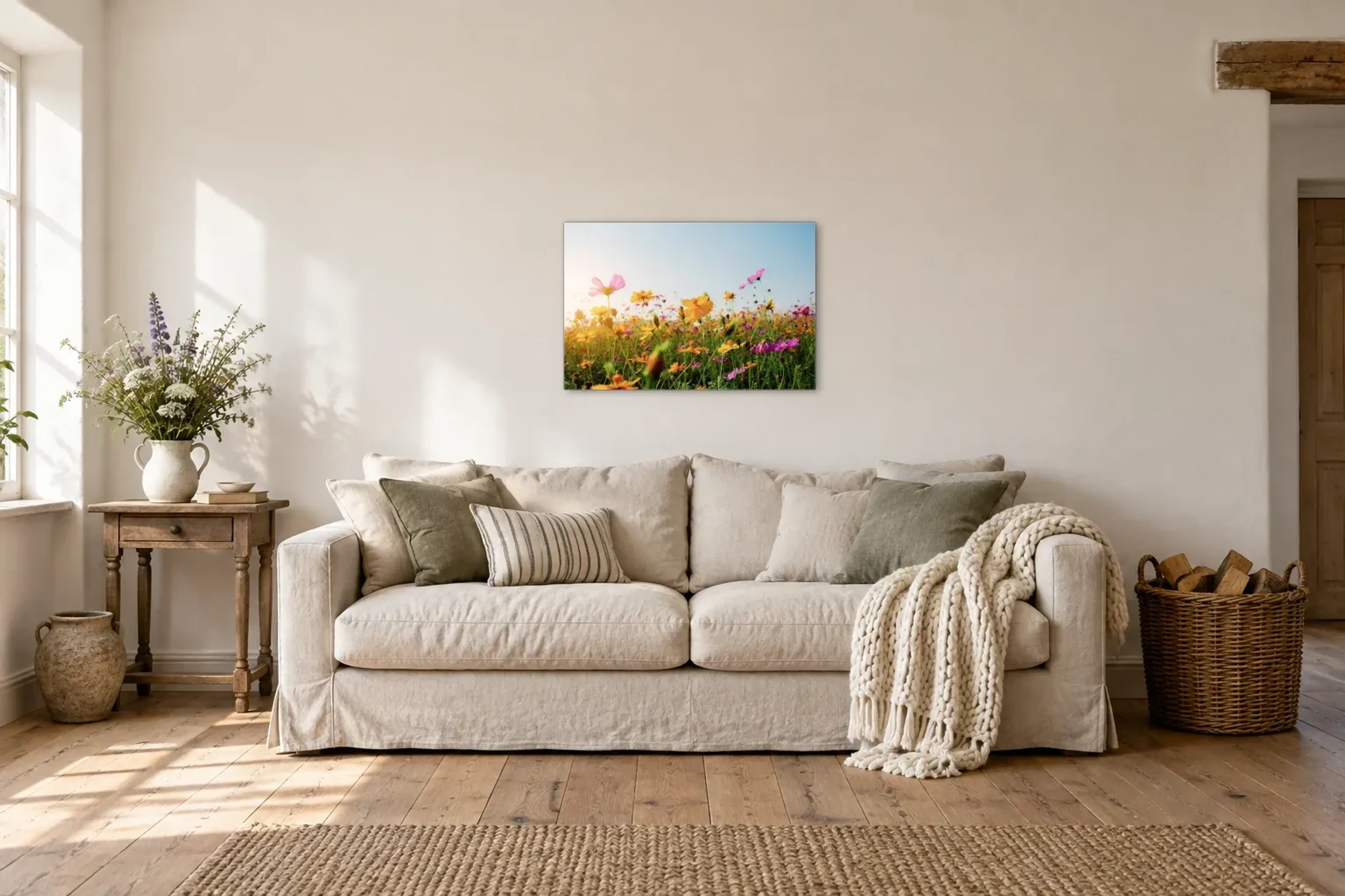 Gelbe Blumenwiese als Wandbild über einem 220-cm-Sofa
