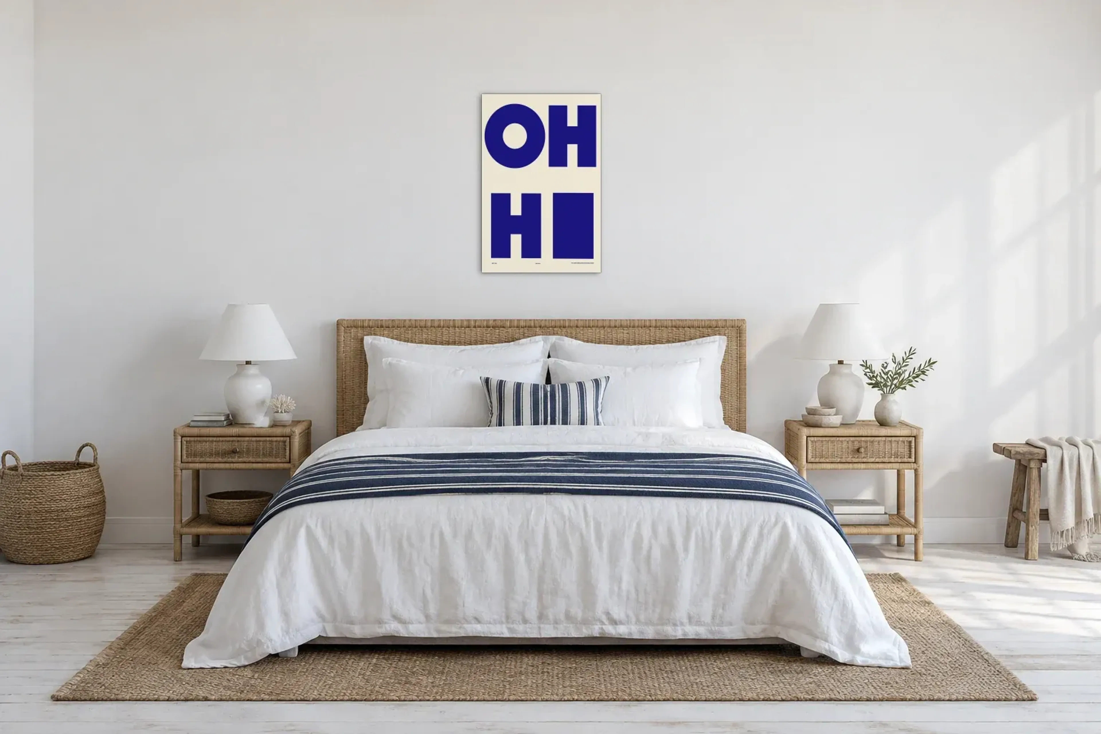 Oh in Blau als Wandbild über einem 180-cm-Bett