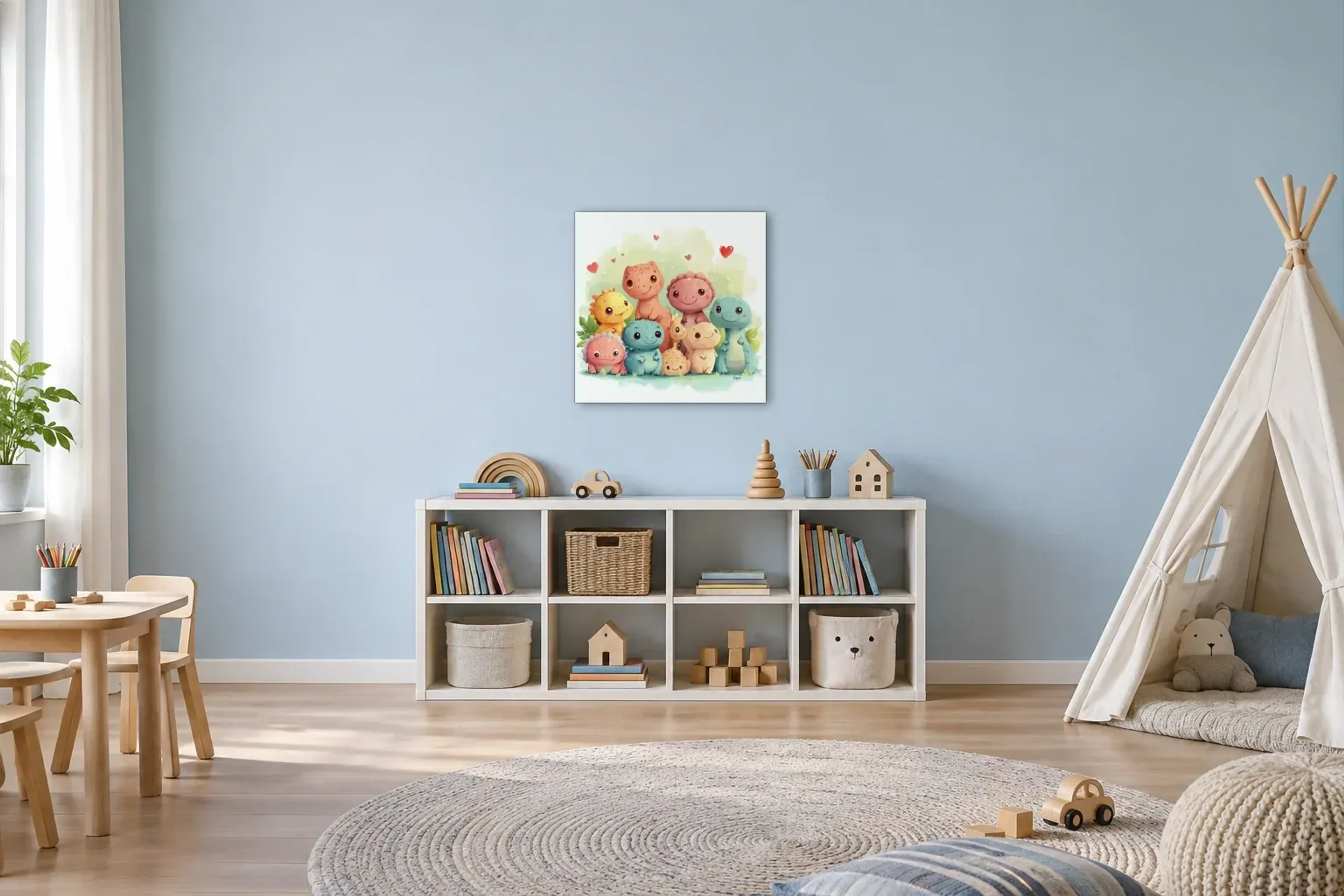 Bunte Dinogruppe als Wandbild über einem 120-cm-Spielregal