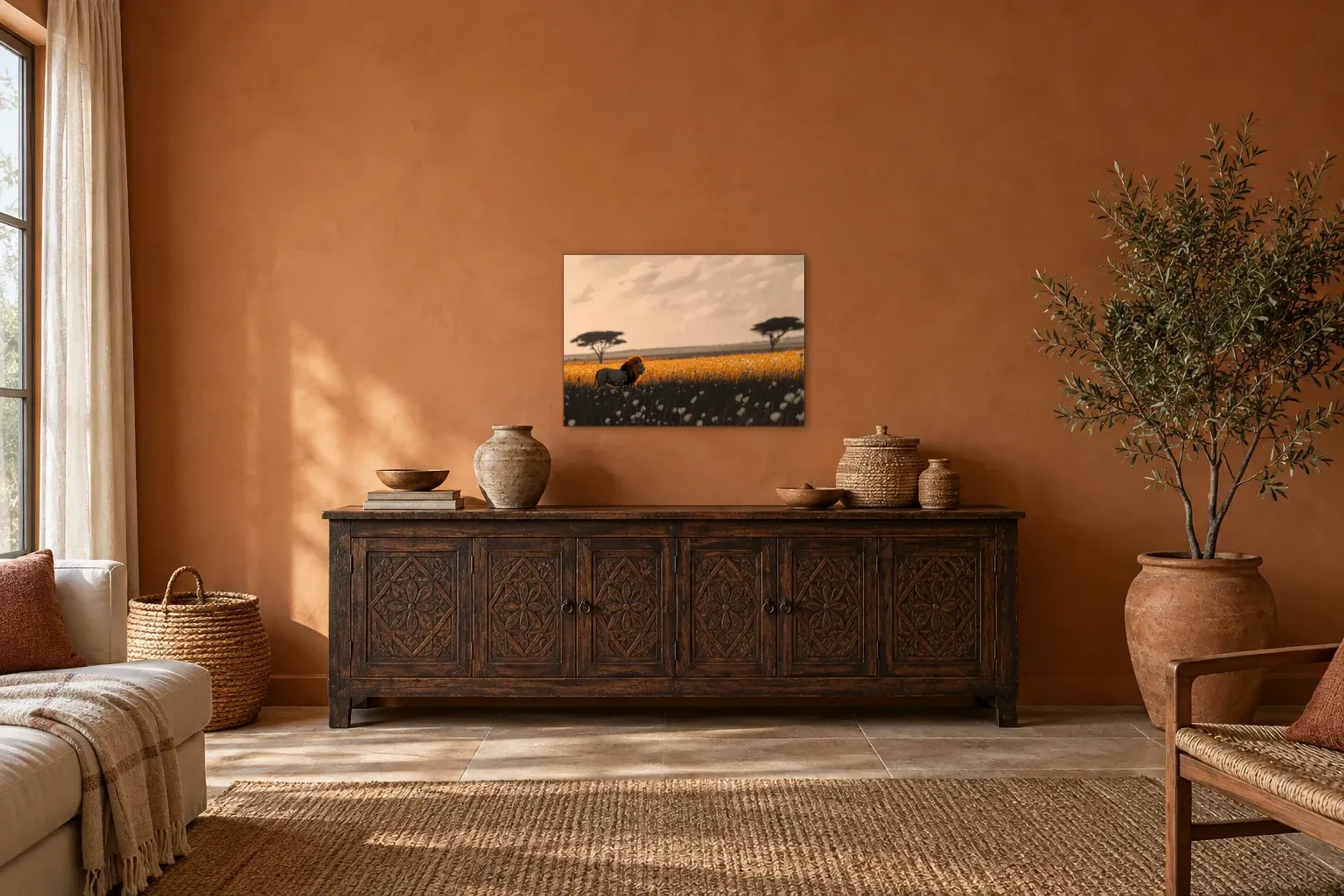 Löwe im goldenen Gras als Wandbild über einem 180-cm-Sideboard