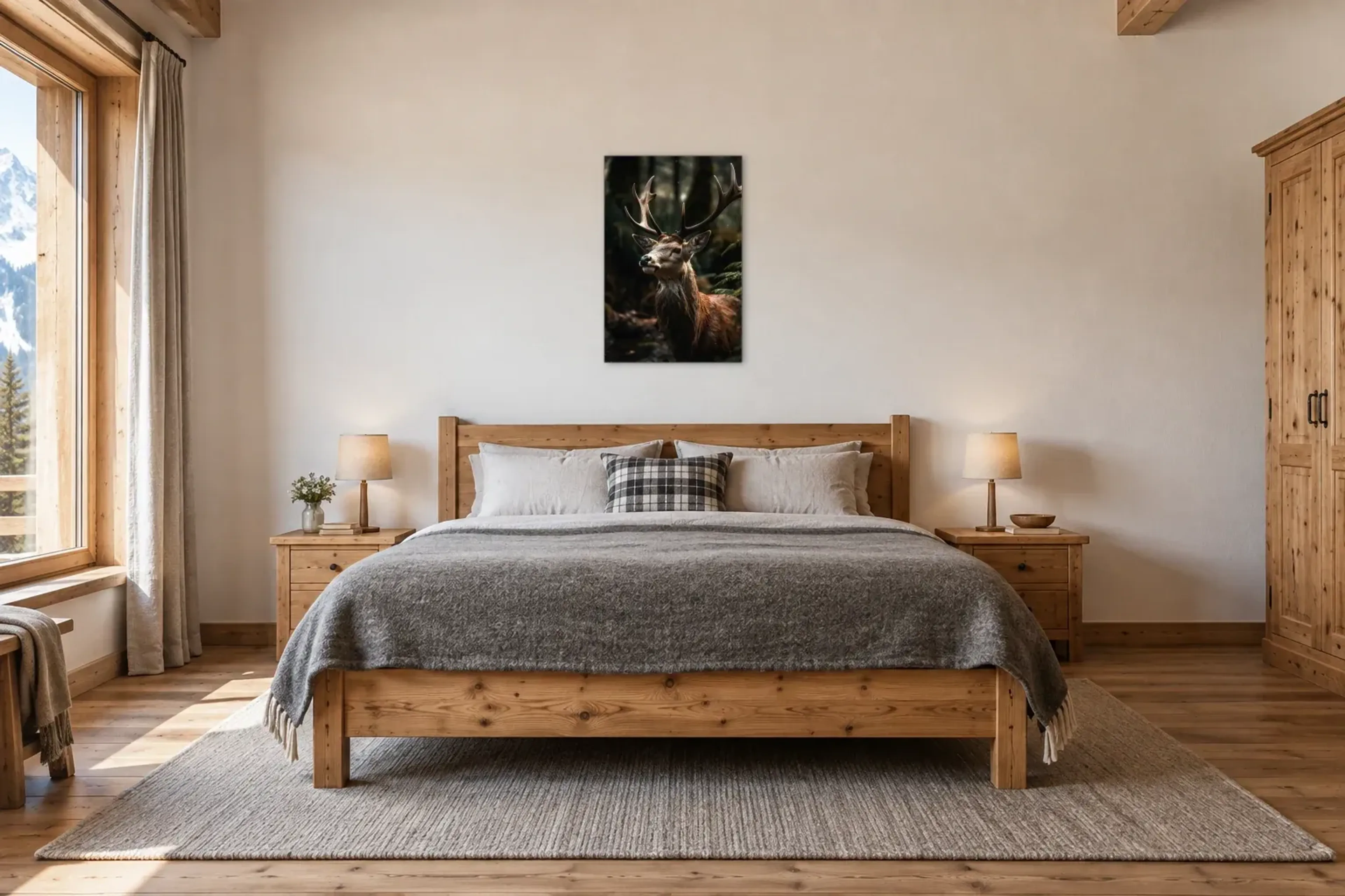 Hirsch im Wald als Wandbild über einem 180-cm-Bett