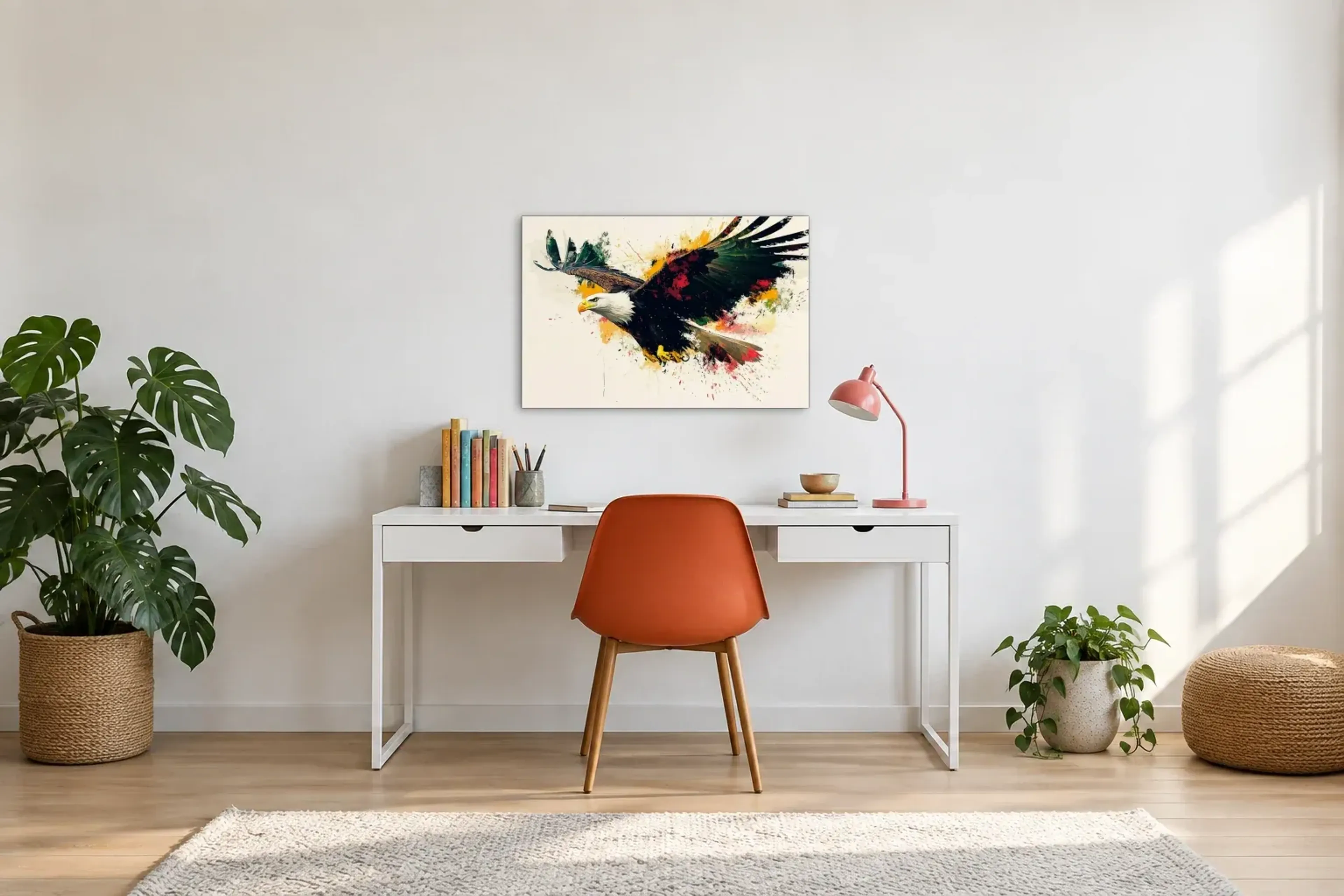 Adler mit weiten Schwingen als Wandbild über einem 140-cm-Schreibtisch