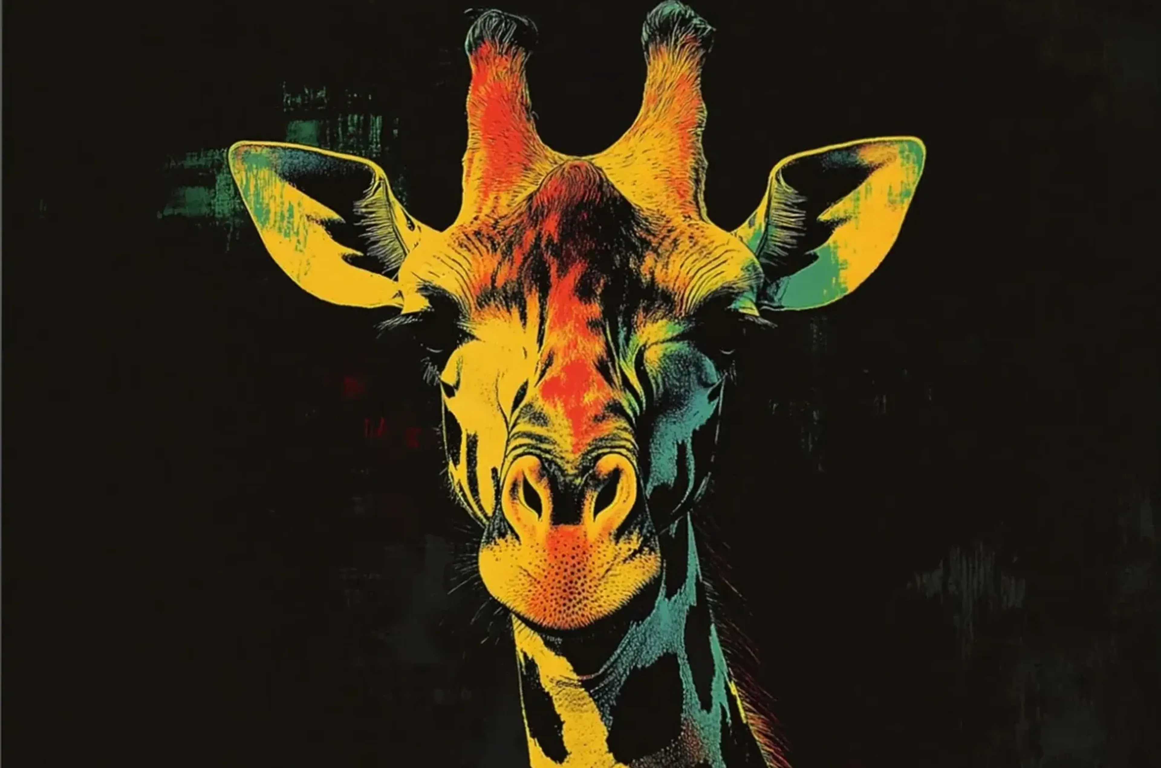 Eine Giraffe schaut frontal nach vorn, in Gelb, Orange und Türkis mit schwarzen Flecken vor dunklem Grund.