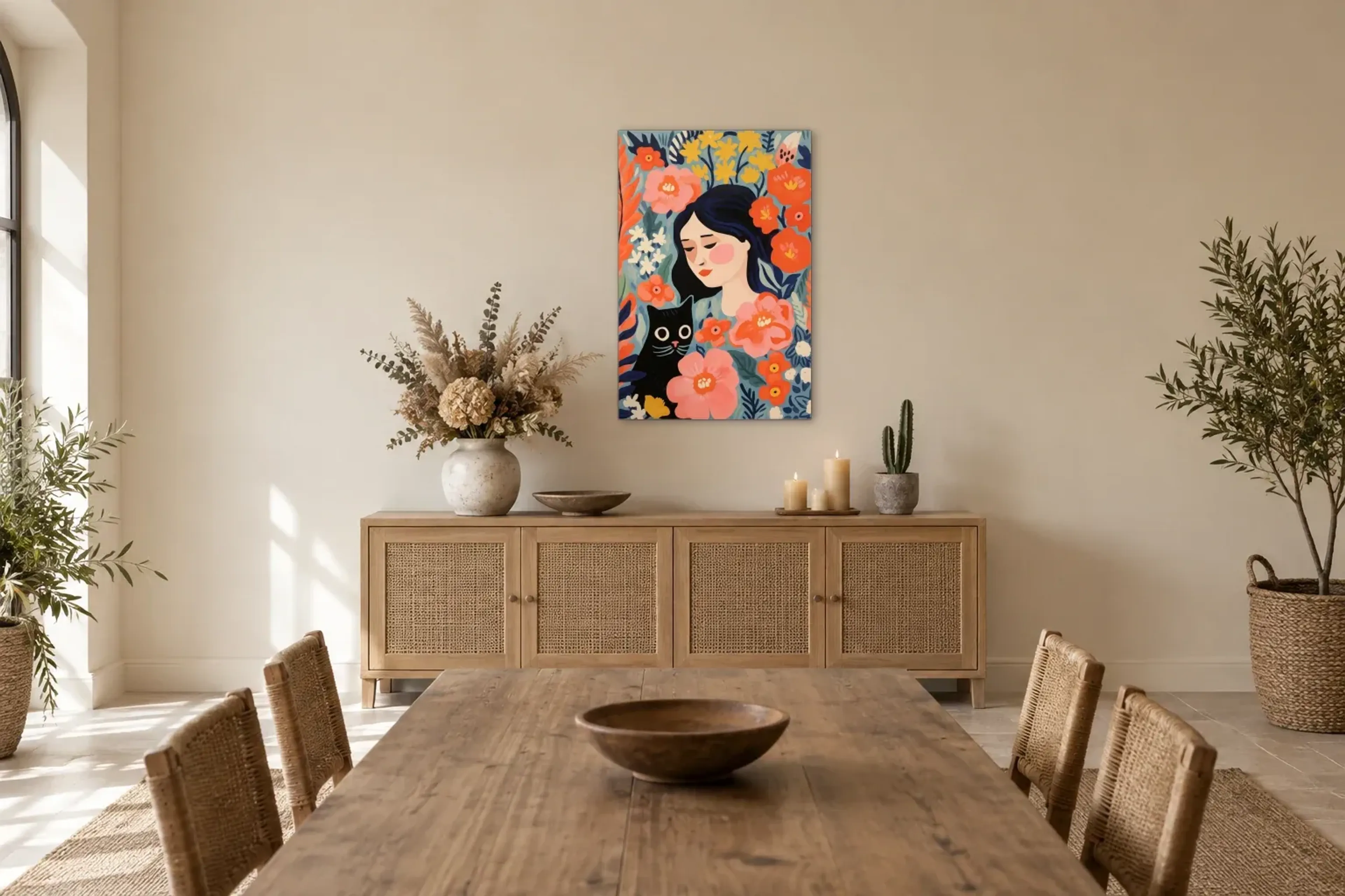 Frau mit Katze und Blüten als Wandbild über einem 160-cm-Sideboard