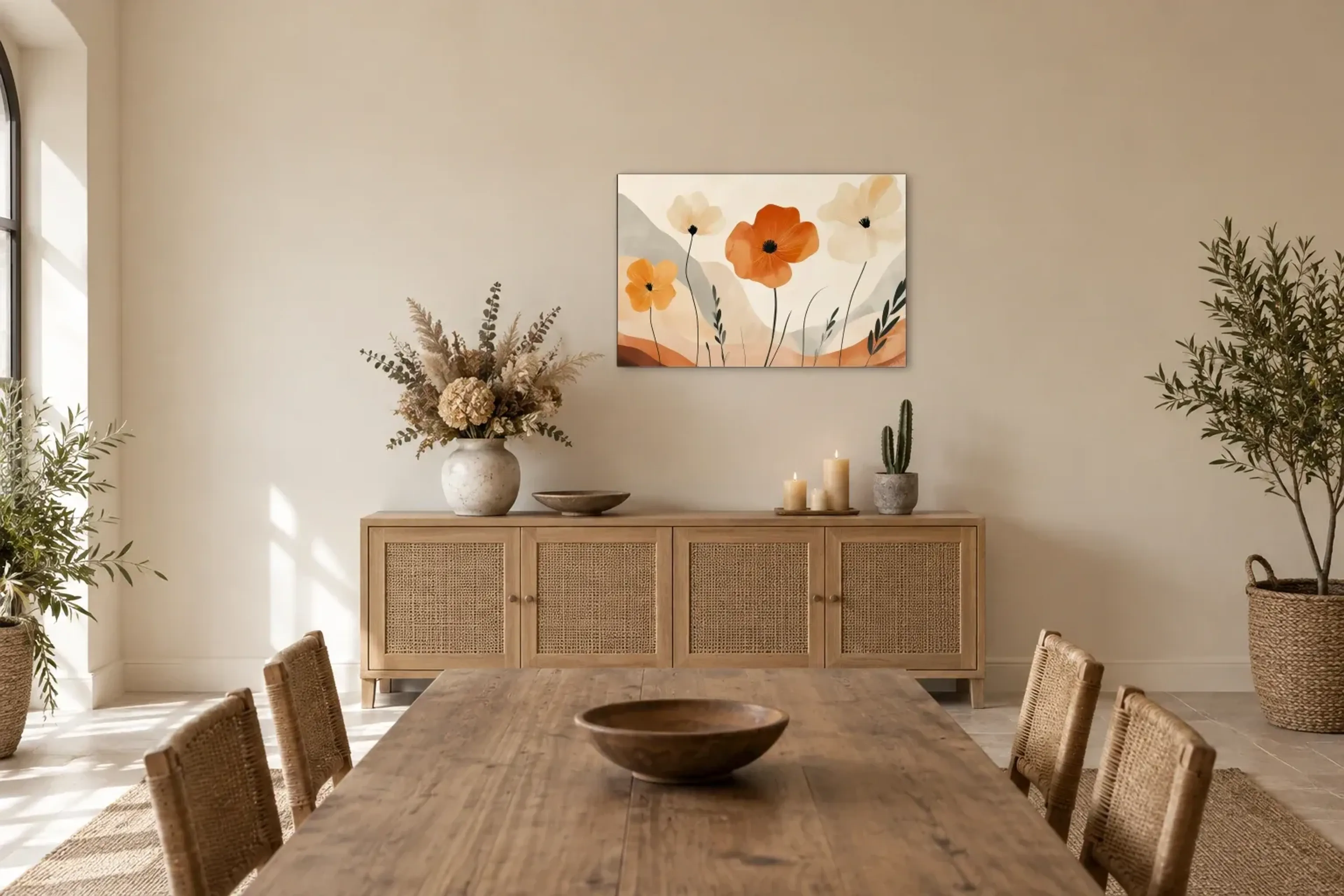 Boho Blumen als Wandbild über einem 160-cm-Sideboard