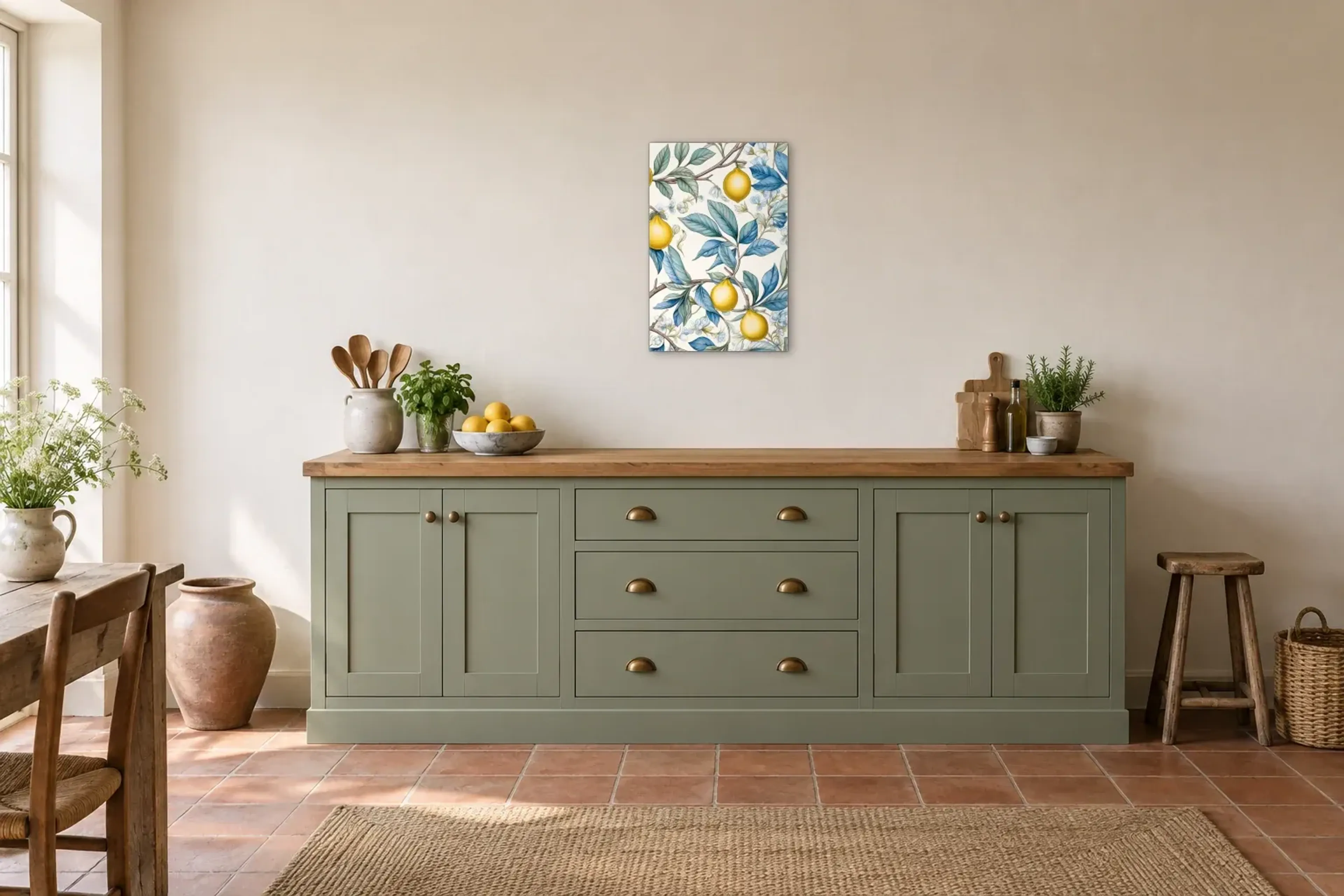 Zitronen zwischen blauen Blättern als Wandbild über einer 200-cm-Arbeitsplatte