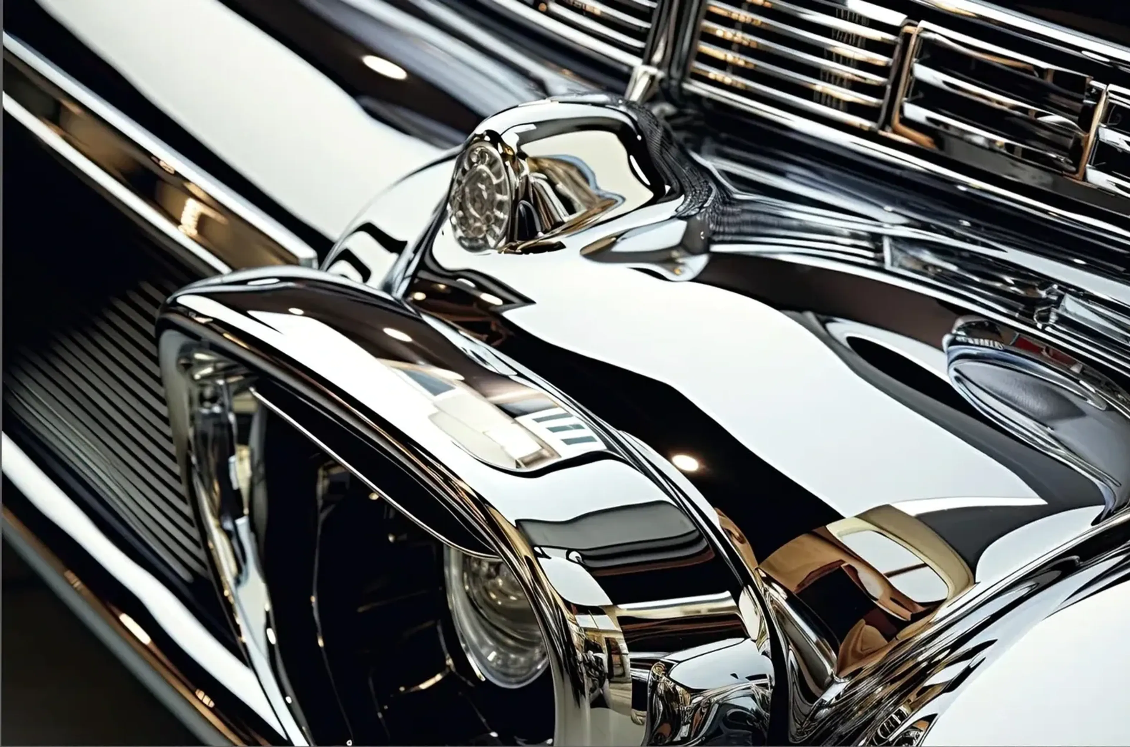 Nahansicht einer Oldtimerfront mit Scheinwerfer, geschwungenen Chromflächen und Kühlergrill.