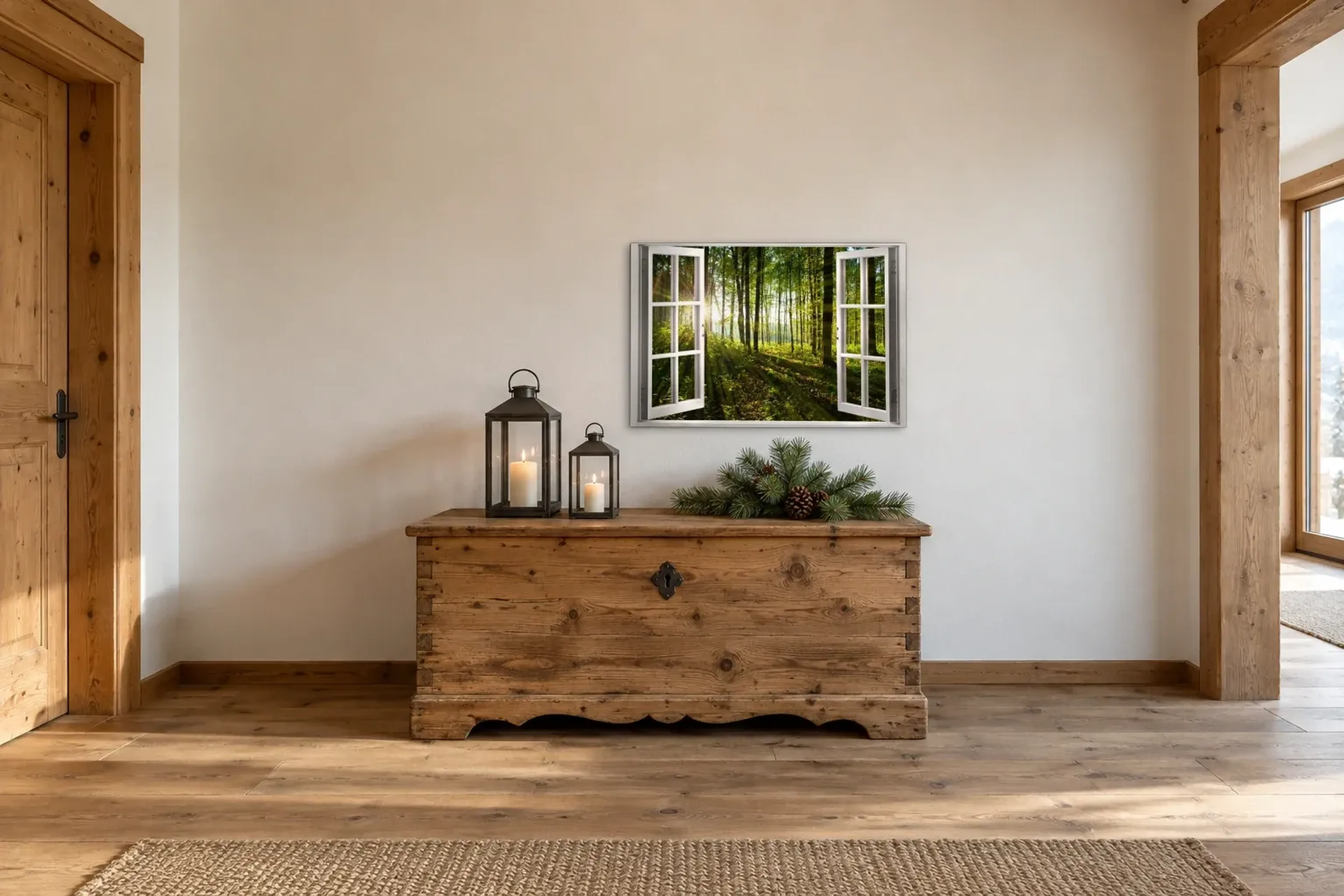 Sonnenlicht im Wald als Wandbild über einer 140-cm-Truhe