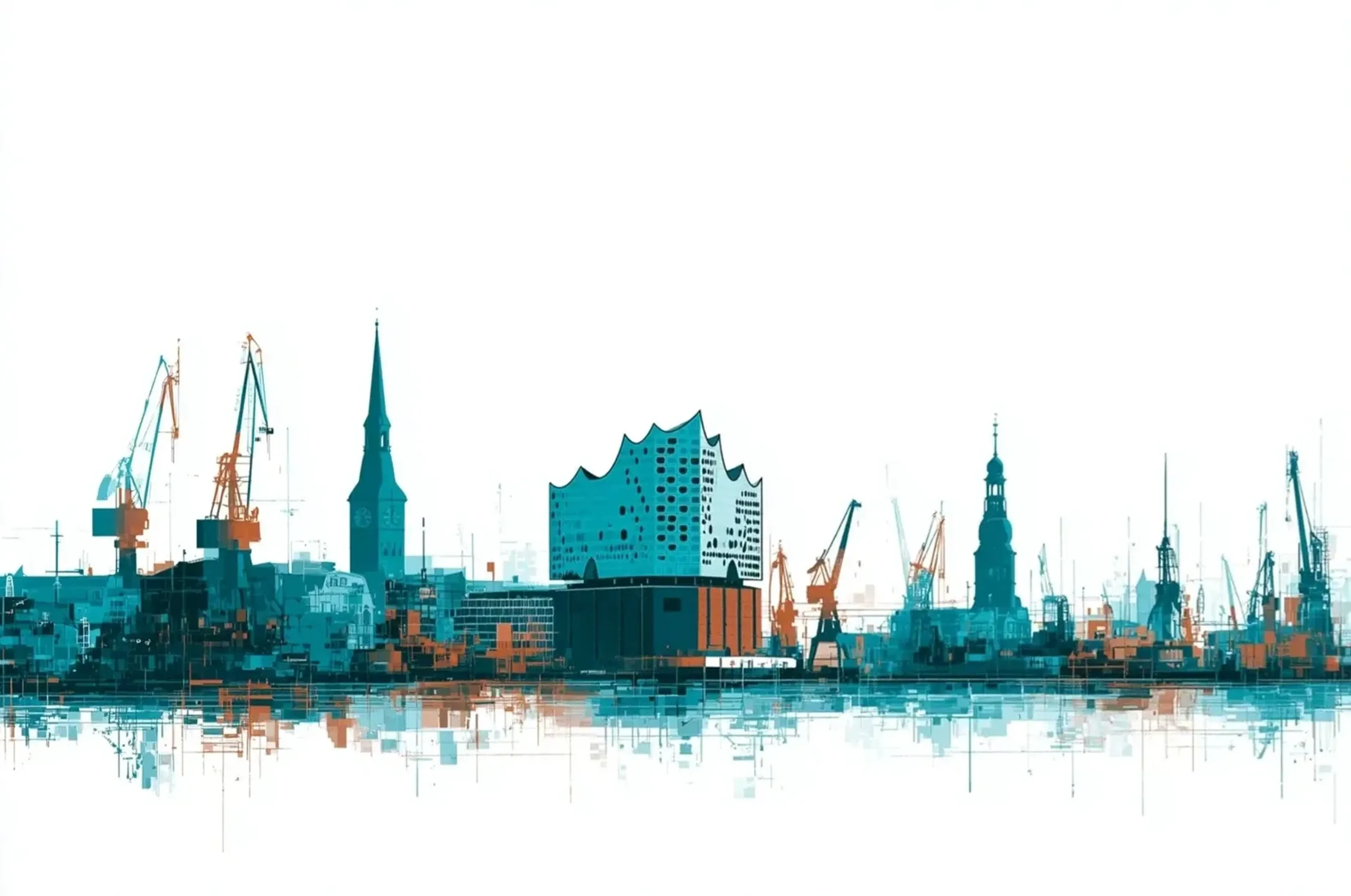 Hamburger Hafensilhouette mit Elbphilharmonie, Türmen und Kränen in Türkis und Rostorange auf weißem Grund.