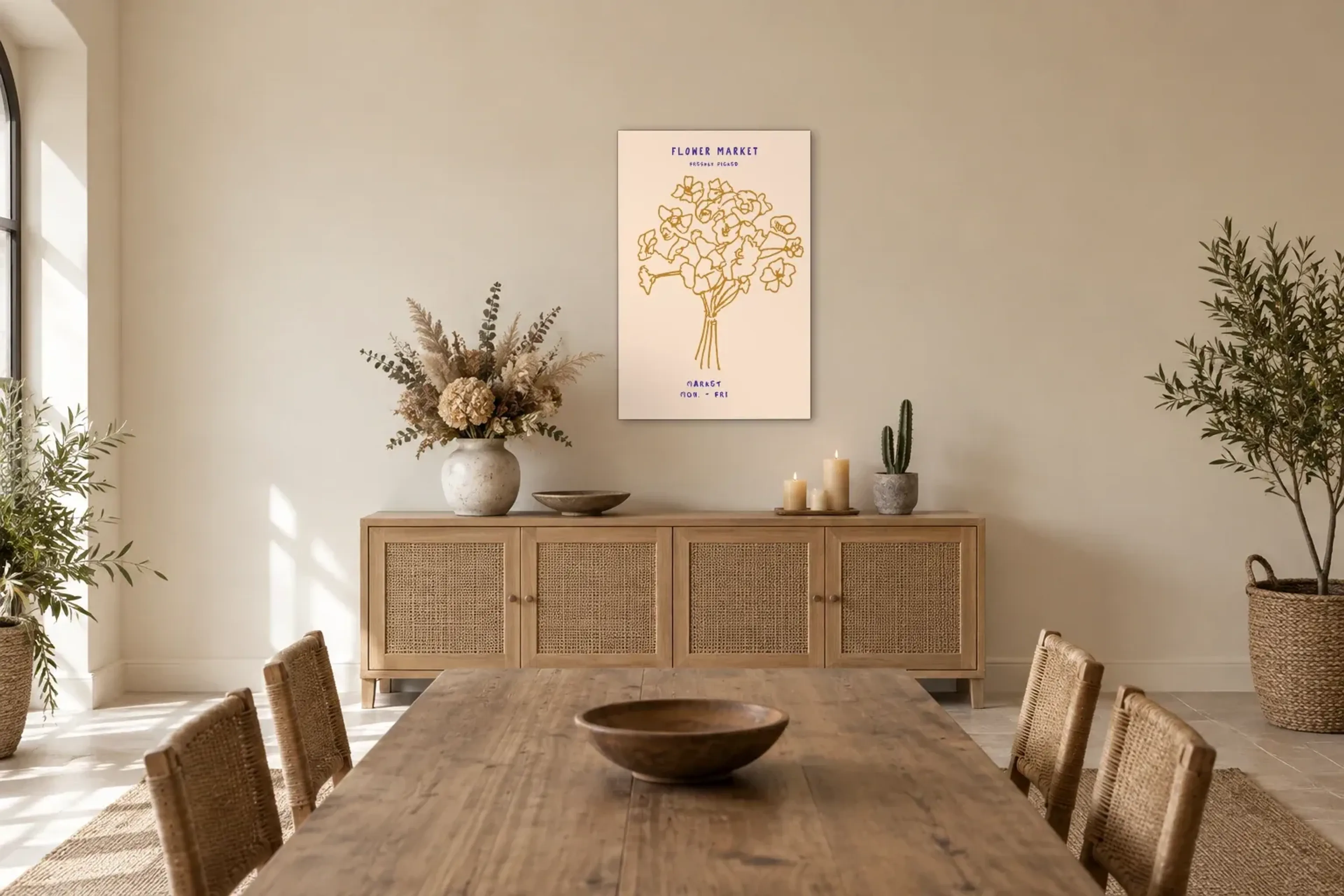 Blumenstrauß in Ocker als Wandbild über einem 160-cm-Sideboard