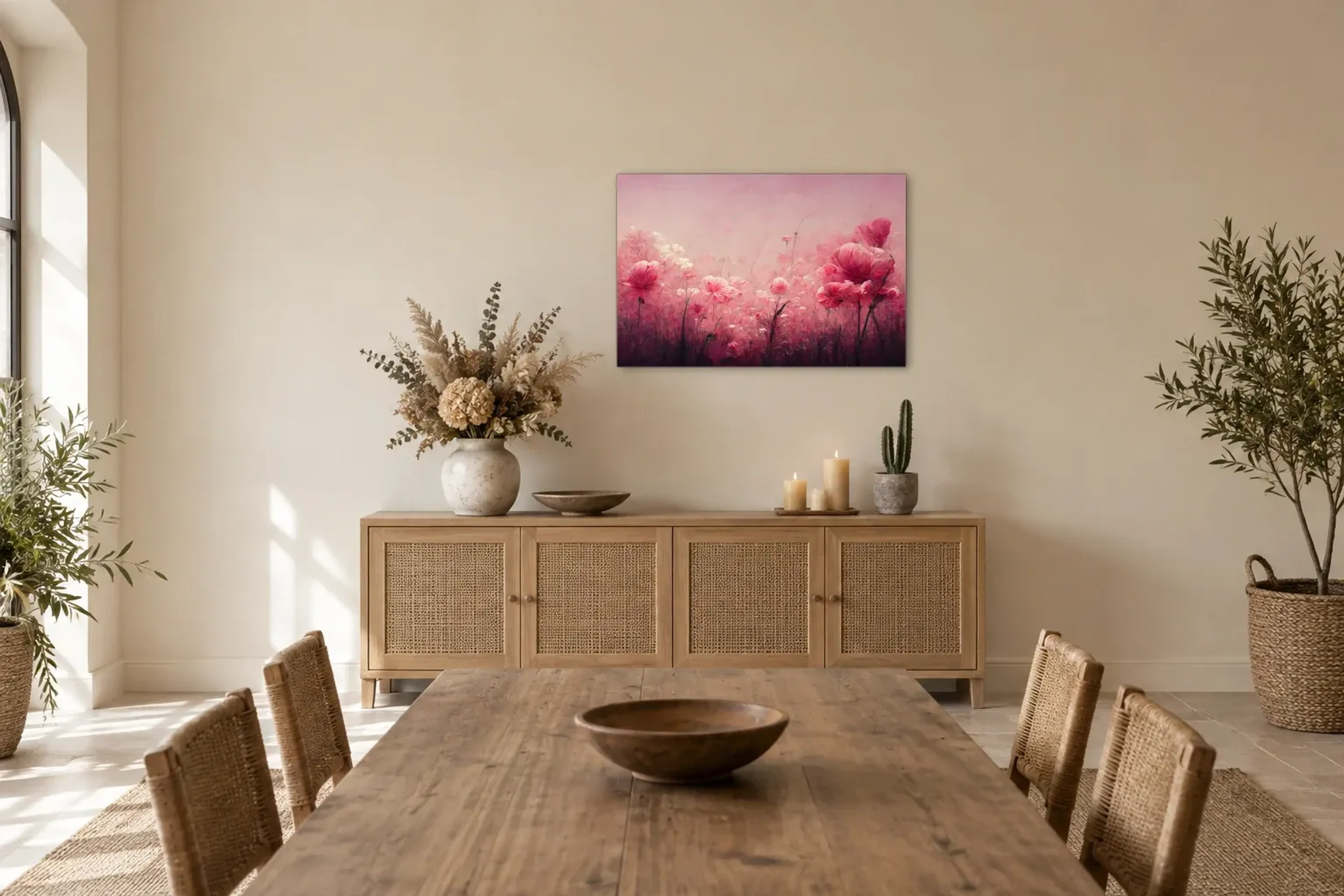 Blütenmeer in Rosa als Wandbild über einem 160-cm-Sideboard