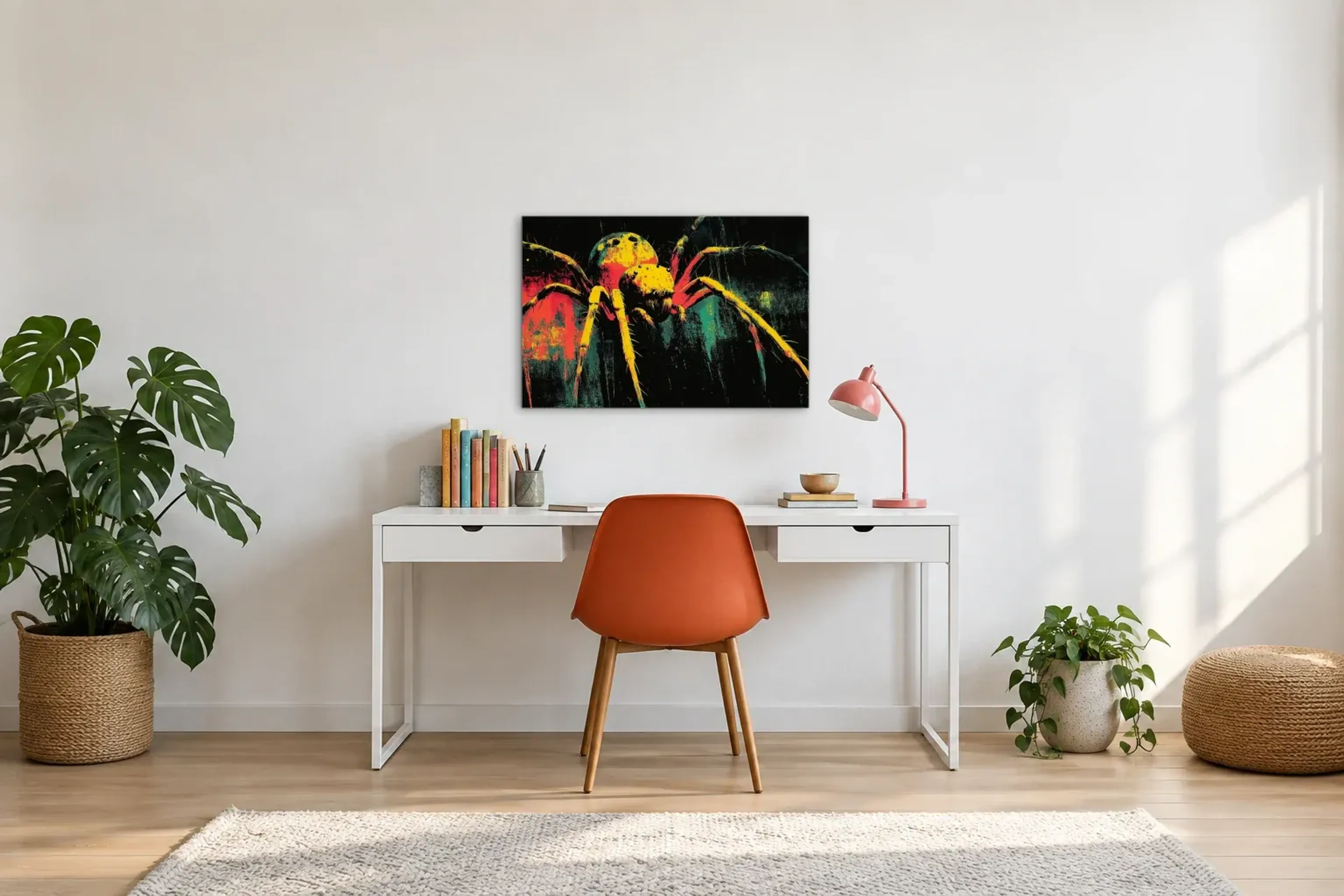 Spinne in Gelb und Rot als Wandbild über einem 140-cm-Schreibtisch