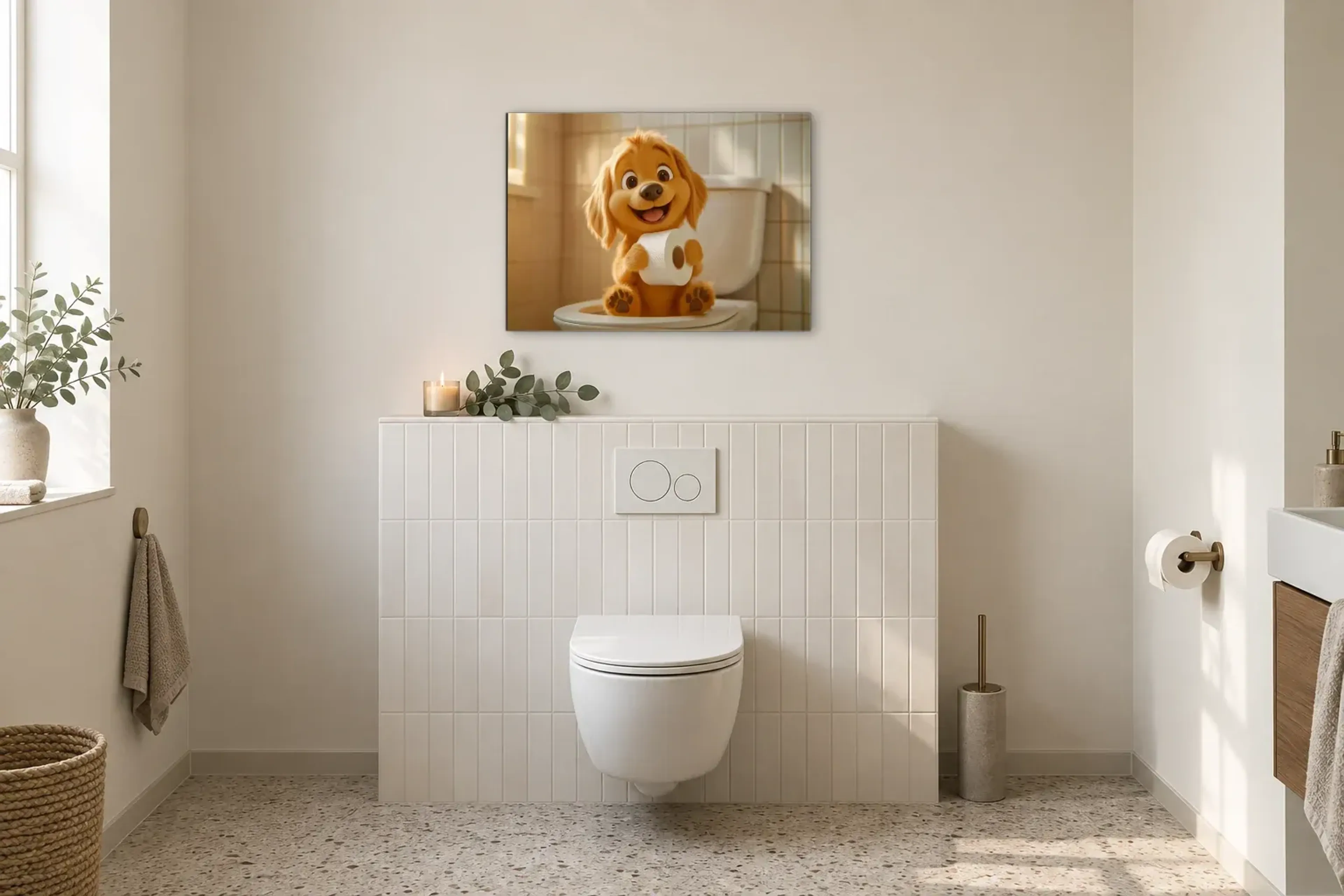 Hund mit Papierrolle als Wandbild im Gäste-WC