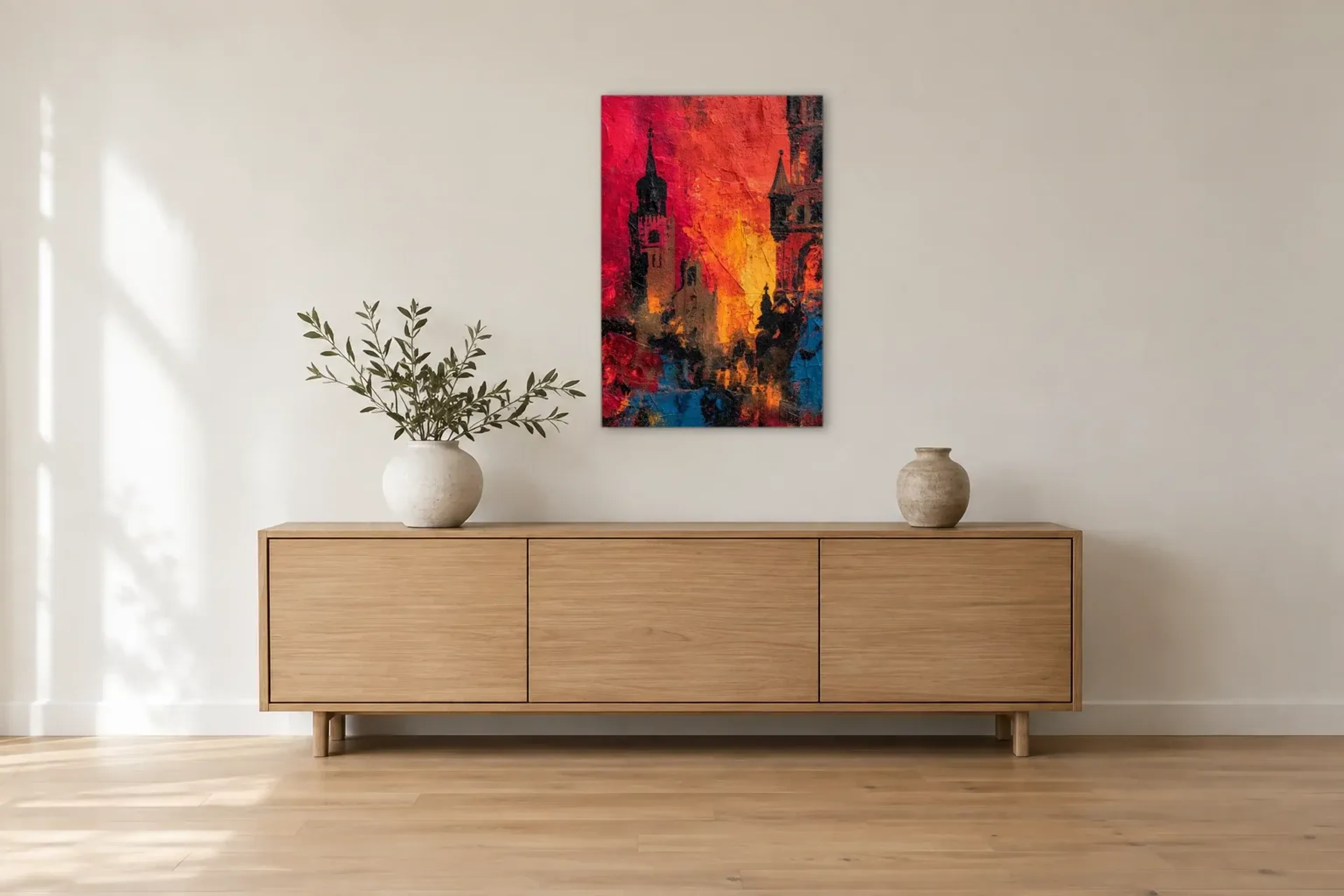 Türme in Rot und Blau als Wandbild über einem 180-cm-Sideboard