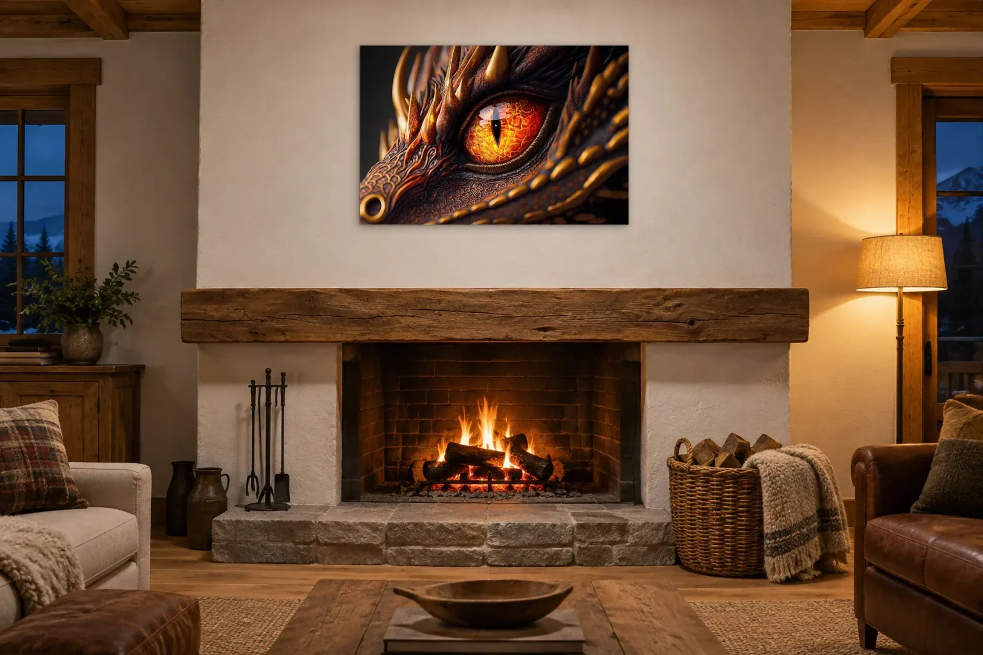 Nahaufnahme Drachen-Auge als Wandbild über einem 180-cm-Kaminsims