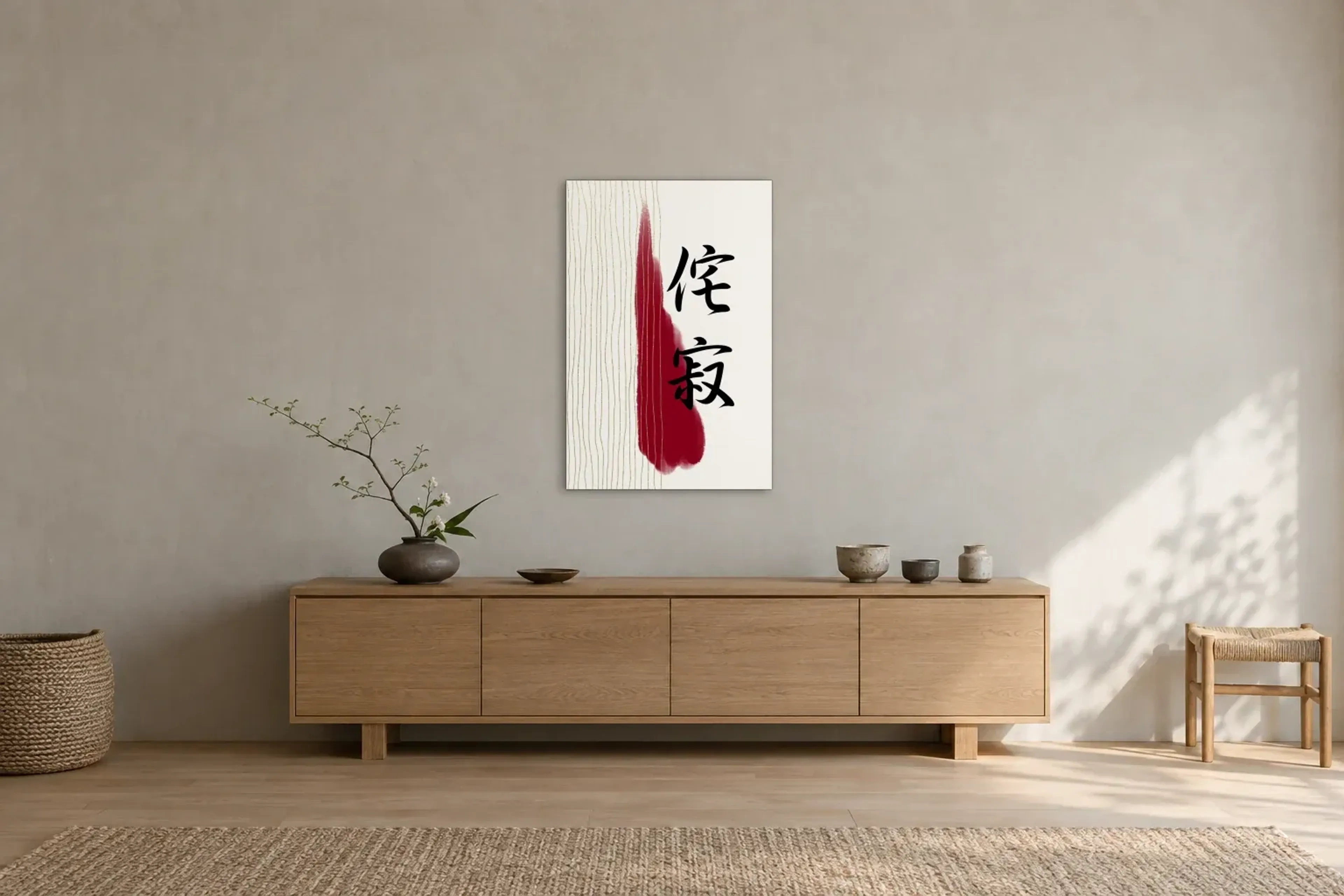 Schriftzeichen an goldenen Linien als Wandbild über einem 180-cm-Sideboard