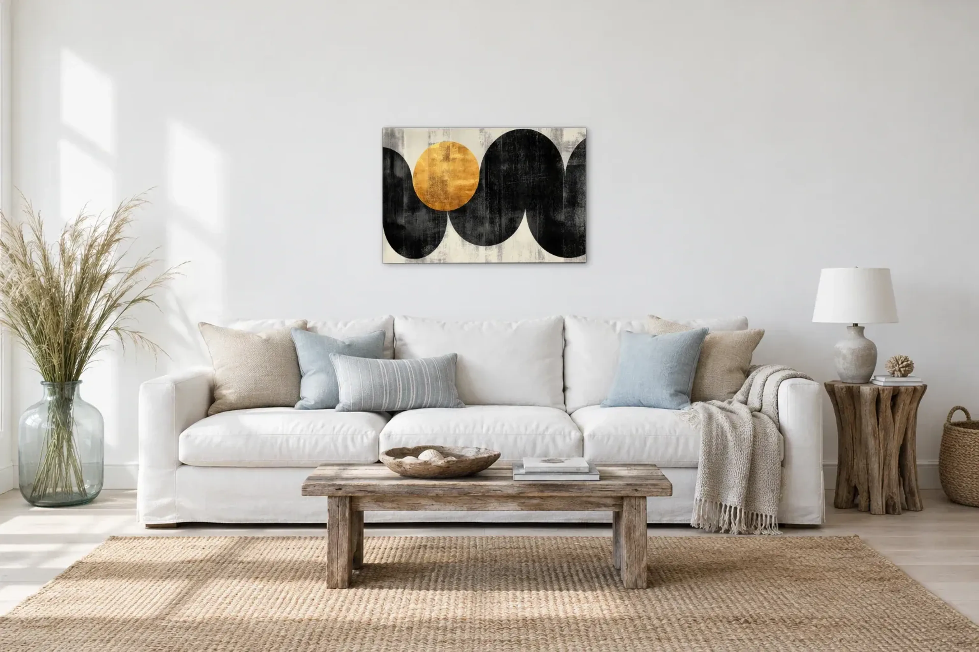 Goldkreis über Wellen als Wandbild über einem 220-cm-Sofa