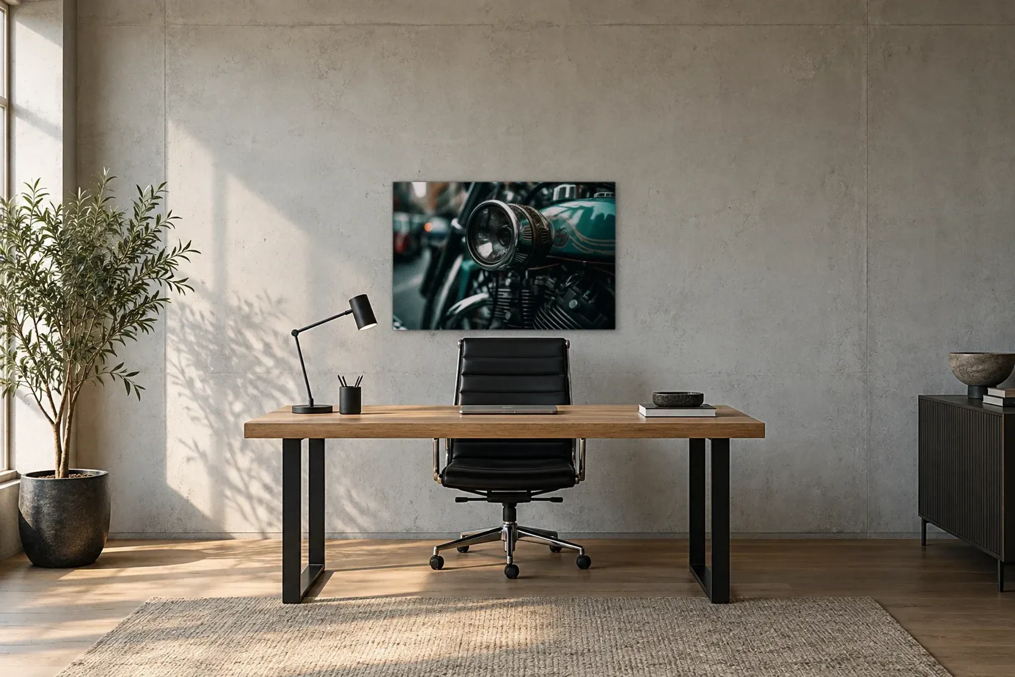 Motorrad Scheinwerfer als Wandbild über einem 160-cm-Schreibtisch