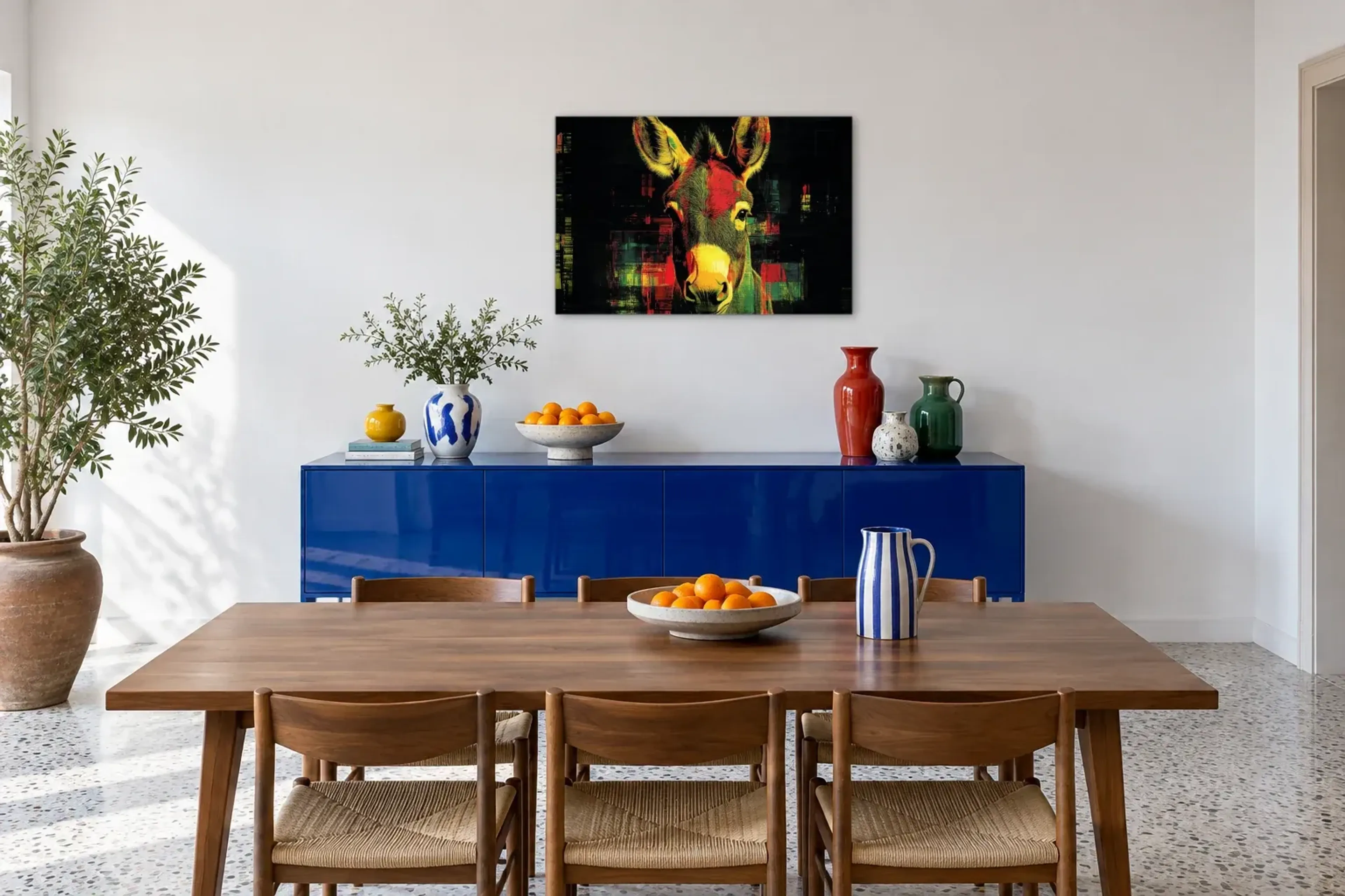 Esel vor Schwarz als Wandbild über einem 180-cm-Sideboard