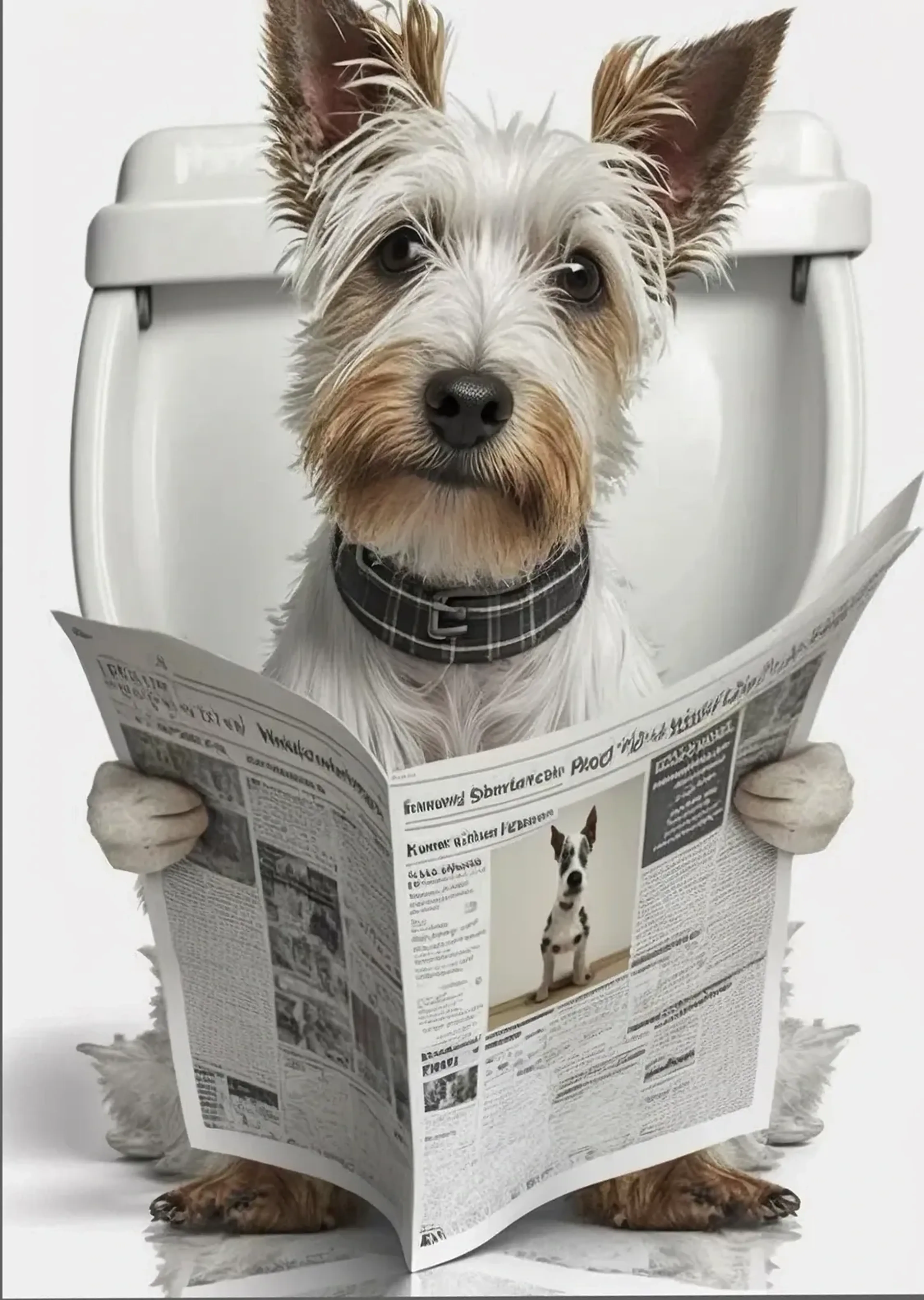 Struppiger weiß-brauner Terrier mit kariertem Halsband sitzt mit aufgeschlagener Zeitung auf einer Toilette.