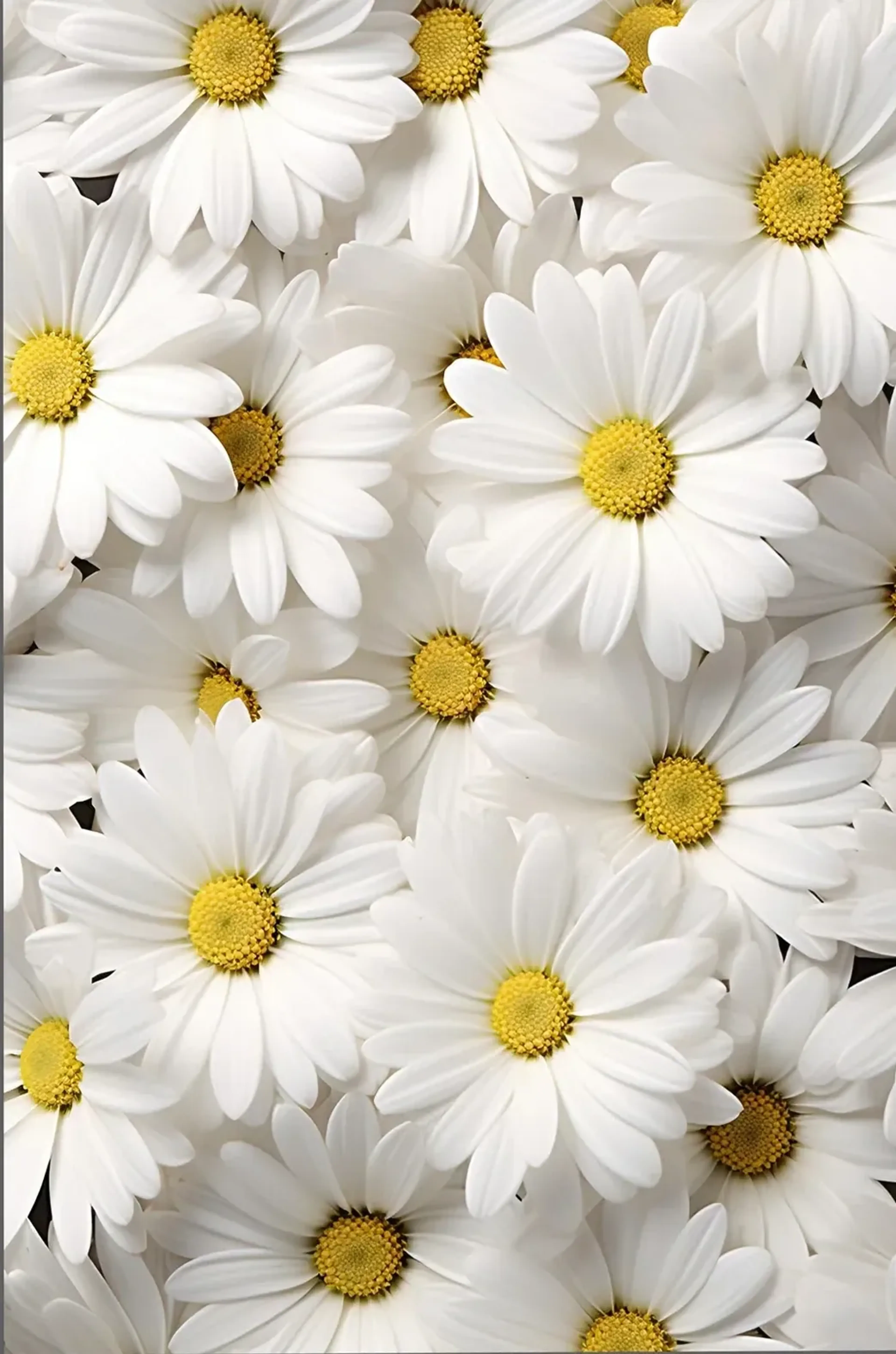 Dicht beieinanderliegende weiße Gänseblümchen mit gelben Blütenmitten füllen das gesamte Motiv.