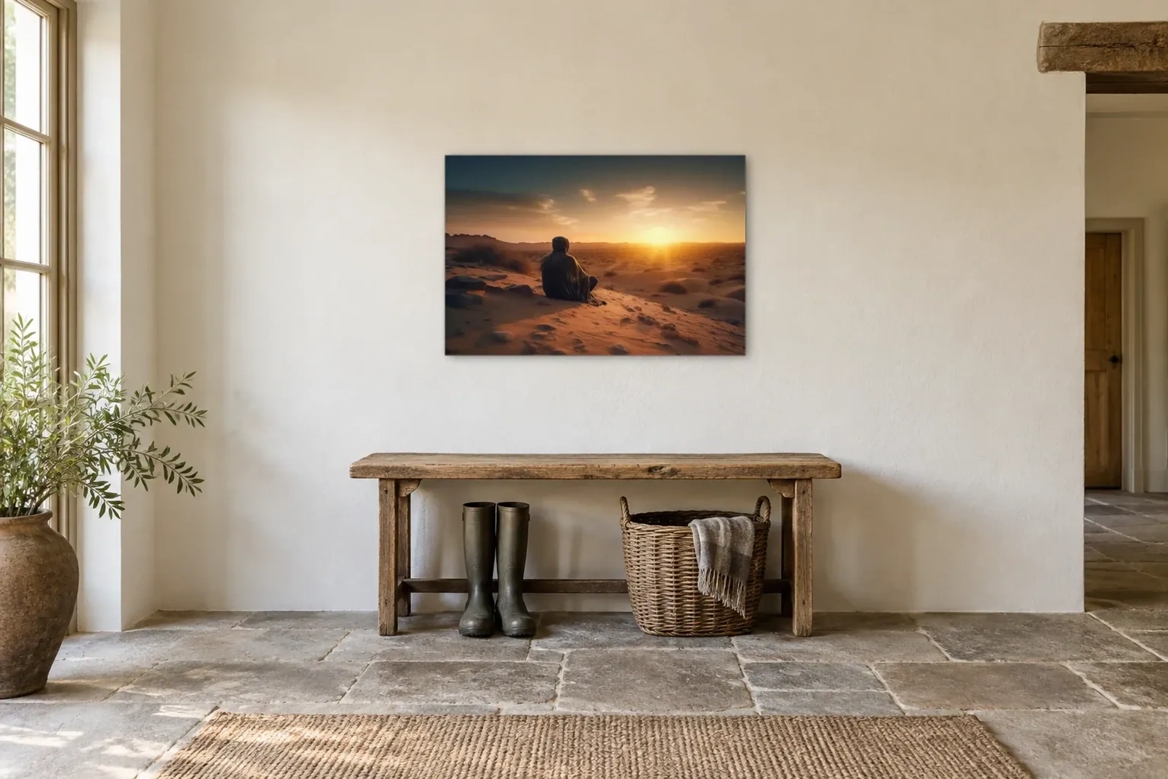 Stille in der Wüste als Wandbild über einer 120-cm-Bank